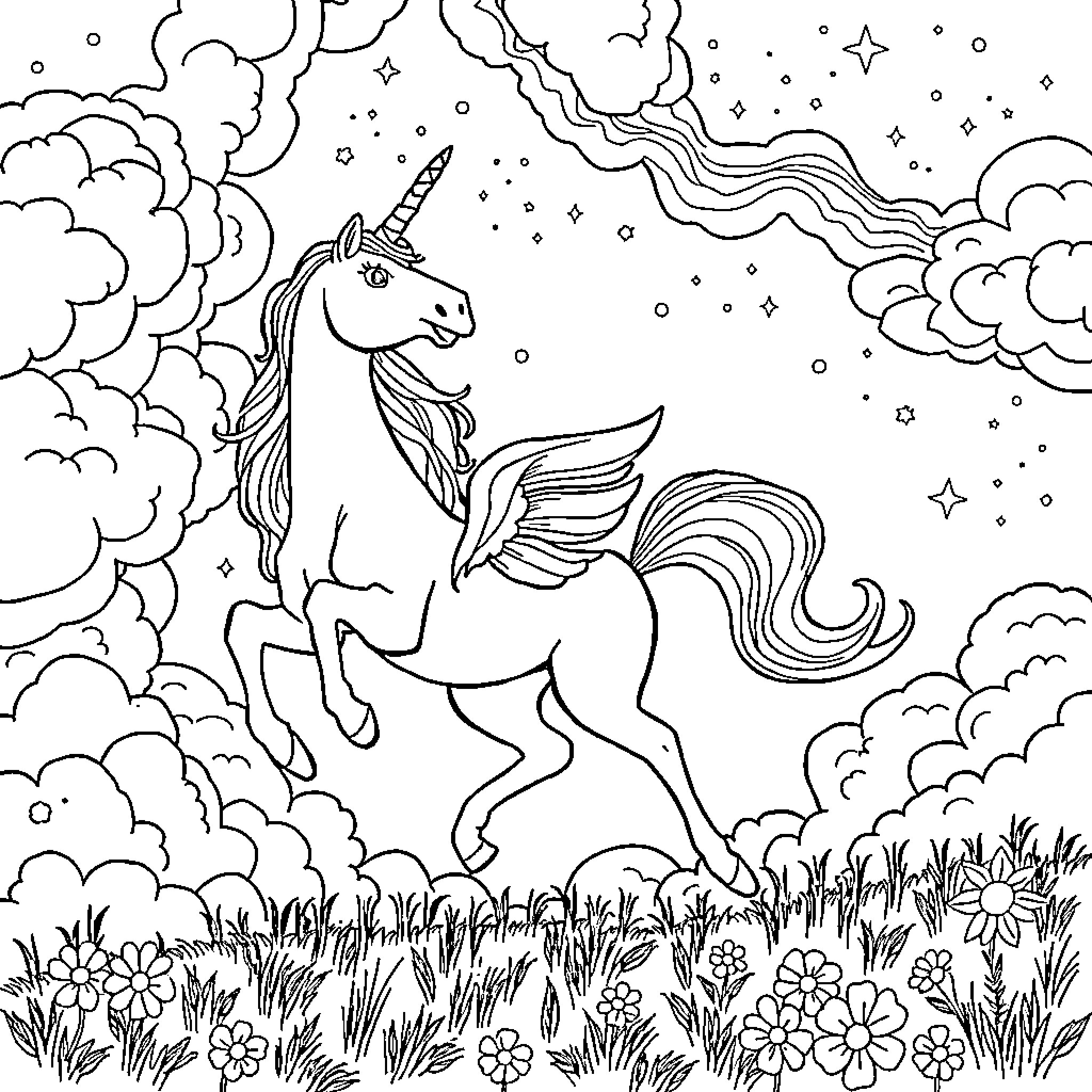 Unicorn frolicking in a starry, magical meadow Coloring Page (free black-and-white line drawing printable PDF for all, from beginners to advanced learners, including children, teens, adults, and seniors)