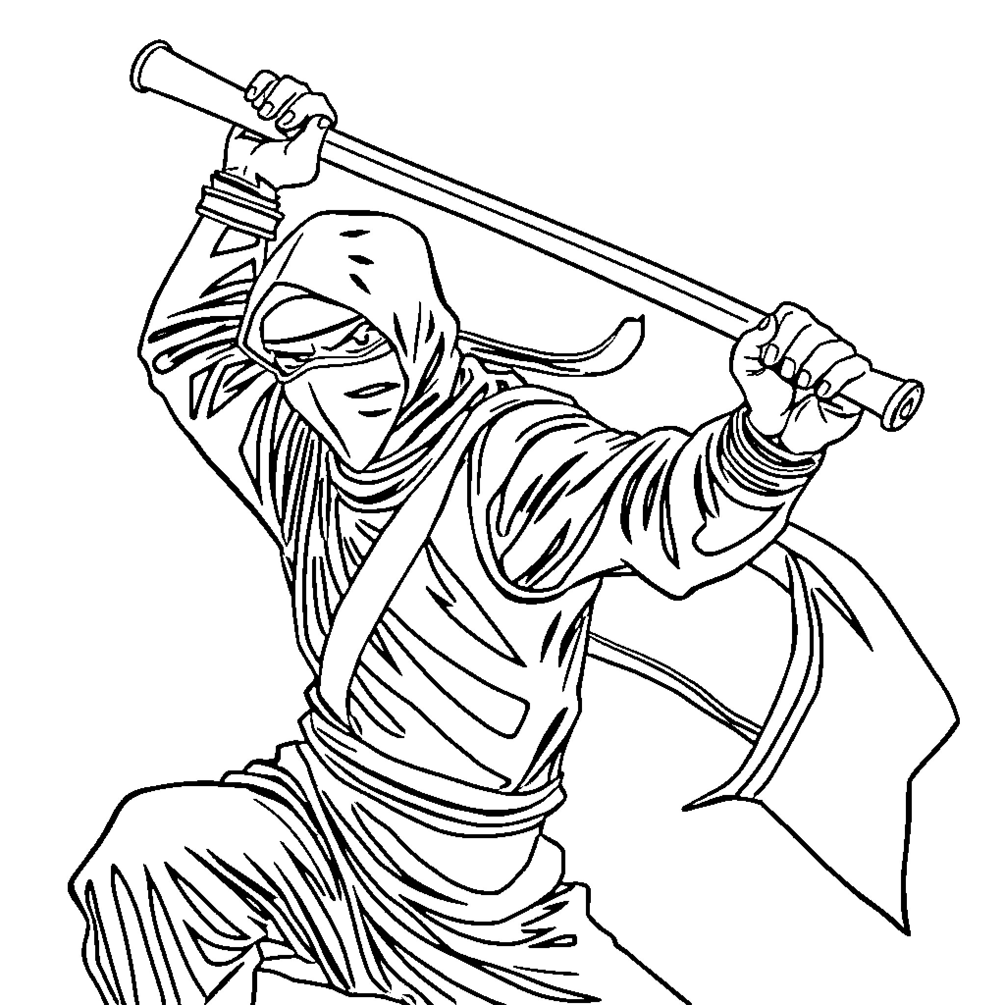 Ninja warrior in battle stance with sword Coloring Page (free black-and-white line drawing printable PDF for all, from beginners to advanced learners, including children, teens, adults, and seniors)