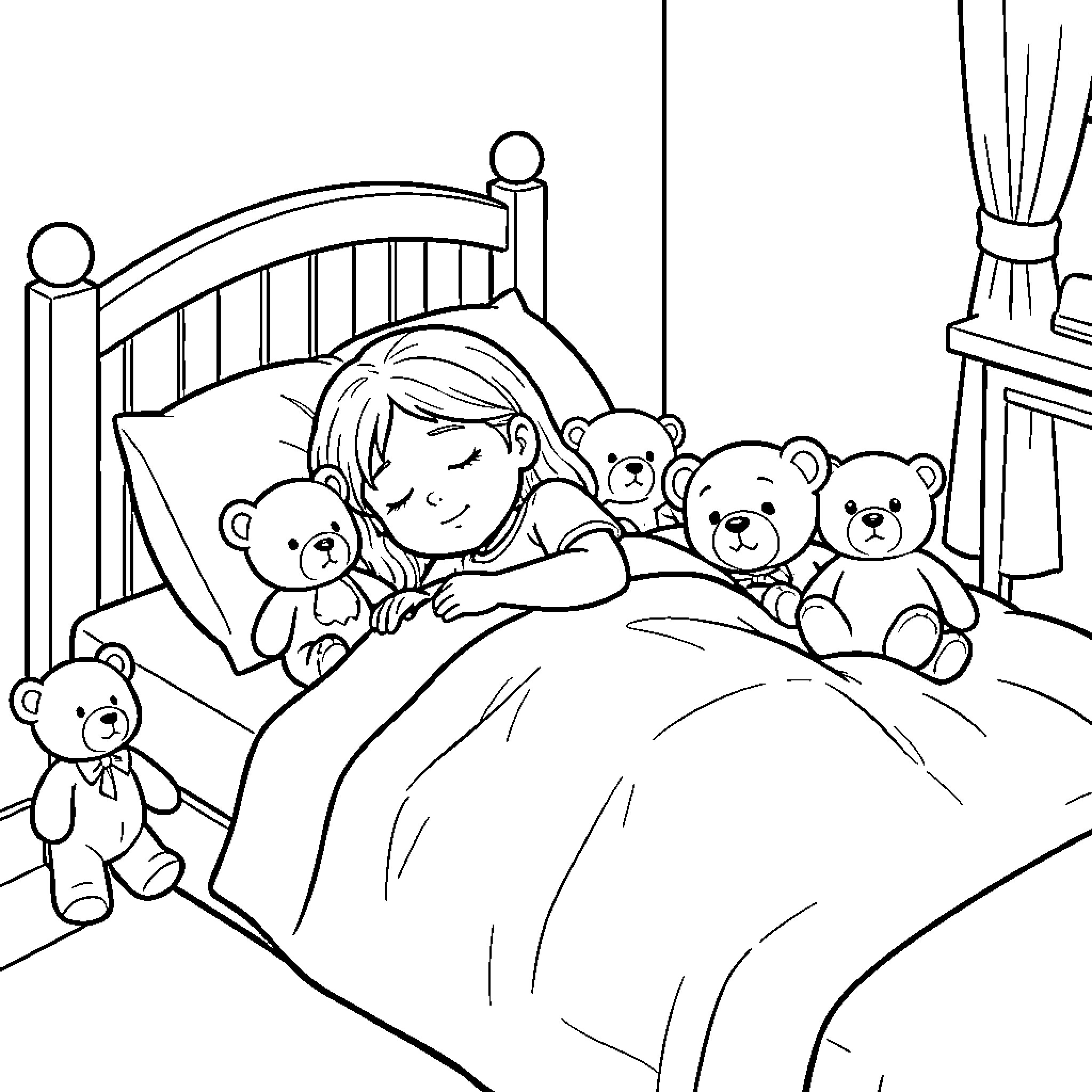 Girl sleeping peacefully with stuffed animals in bed Coloring Page (free black-and-white line drawing printable PDF for all, from beginners to advanced learners, including children, teens, adults, and seniors)