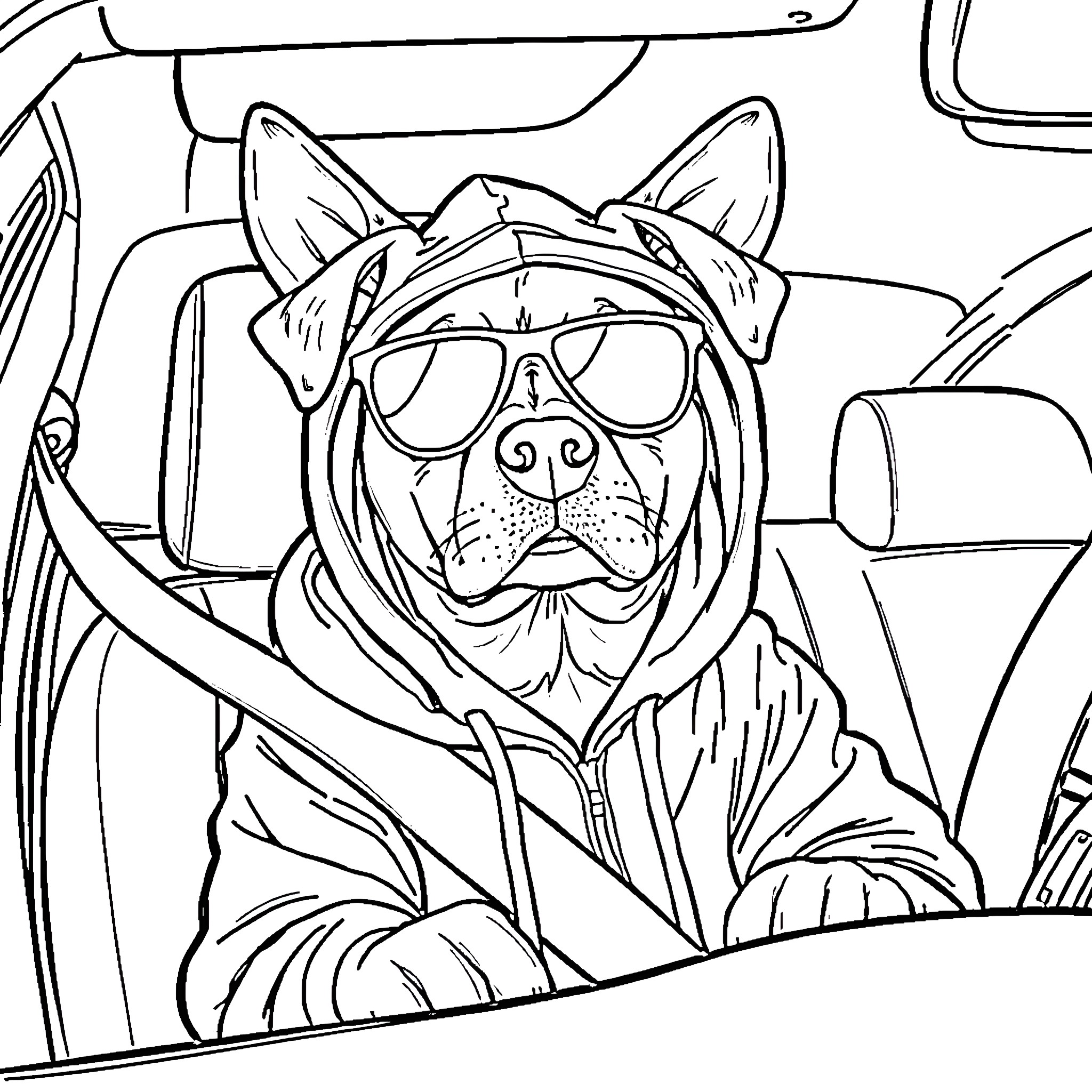 Dog Wearing Stylish Sunglasses in Car Coloring Page (free black-and-white line drawing printable PDF for all, from beginners to advanced learners, including children, teens, adults, and seniors)