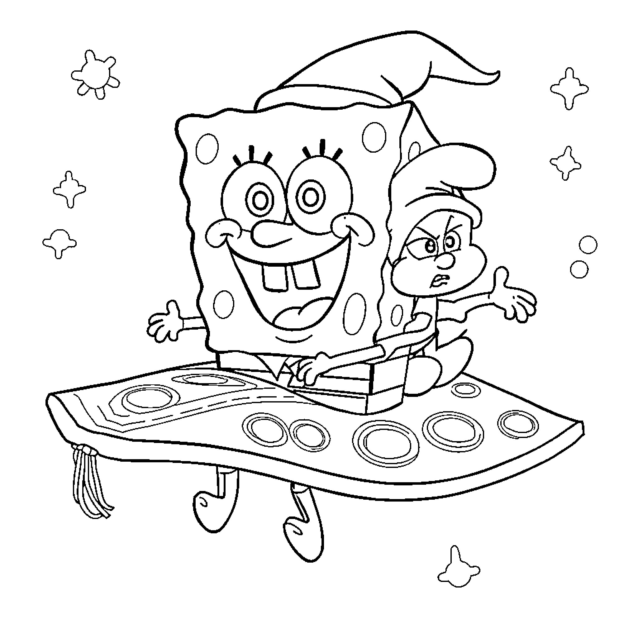 Spongebob riding a futuristic vehicle Coloring Page (free black-and-white line drawing printable PDF for all, from beginners to advanced learners, including children, teens, adults, and seniors)