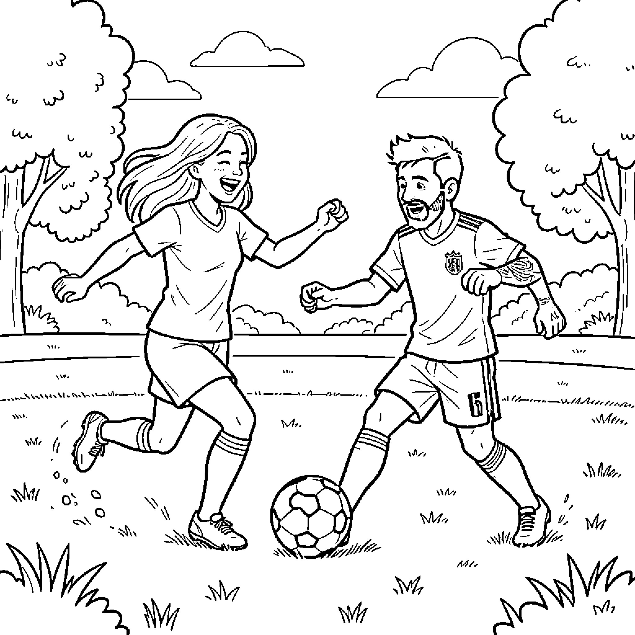 Mother and child playing soccer in a park Coloring Page (free black-and-white line drawing printable PDF for all, from beginners to advanced learners, including children, teens, adults, and seniors)