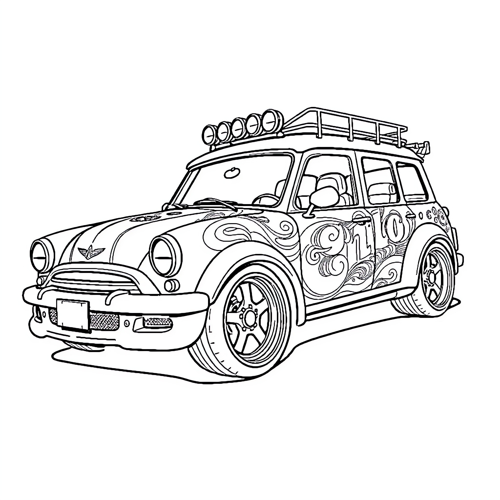 Car with Customized Design and Accessories Coloring Page (free black-and-white line drawing printable PDF for all, from beginners to advanced learners, including children, teens, adults, and seniors)