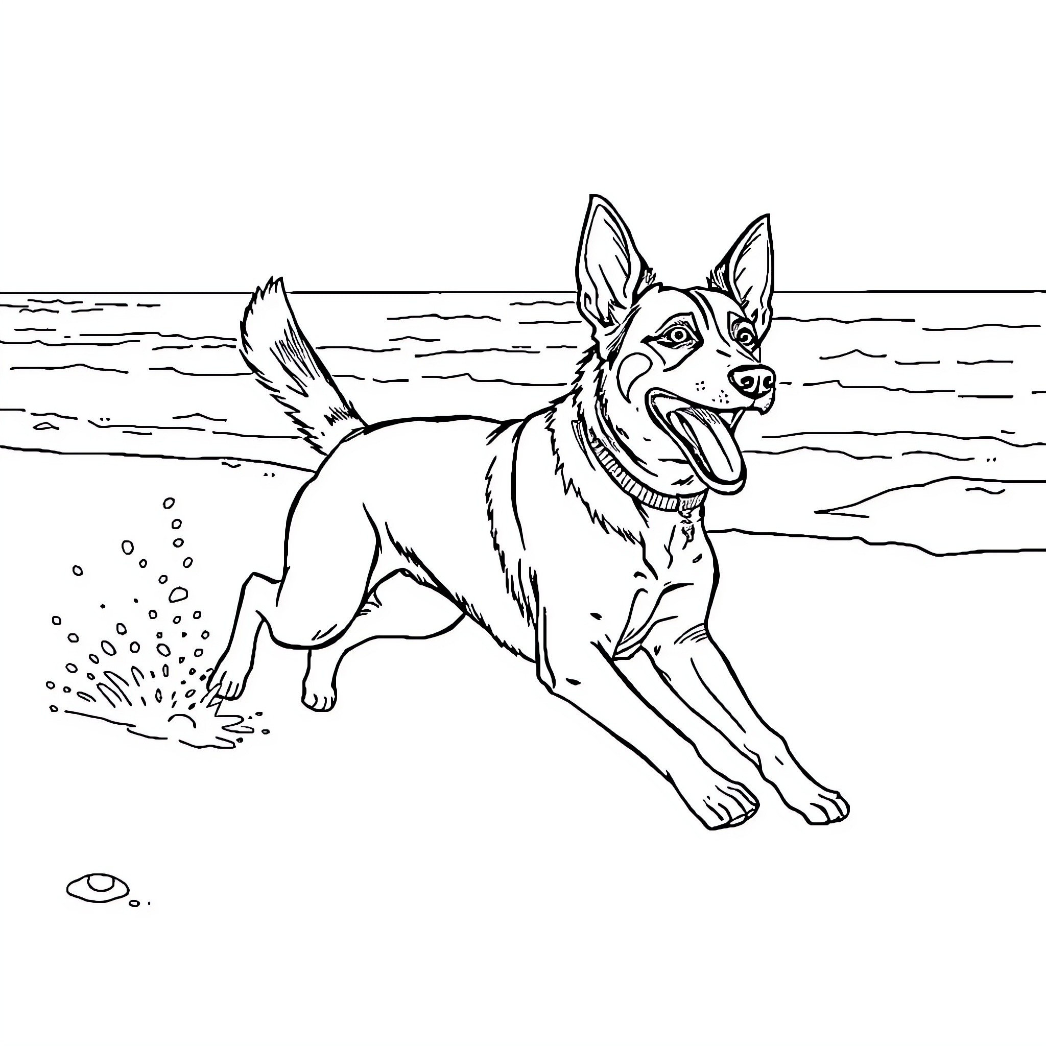Dog playing joyfully on the beach Coloring Page (free black-and-white line drawing printable PDF for all, from beginners to advanced learners, including children, teens, adults, and seniors)