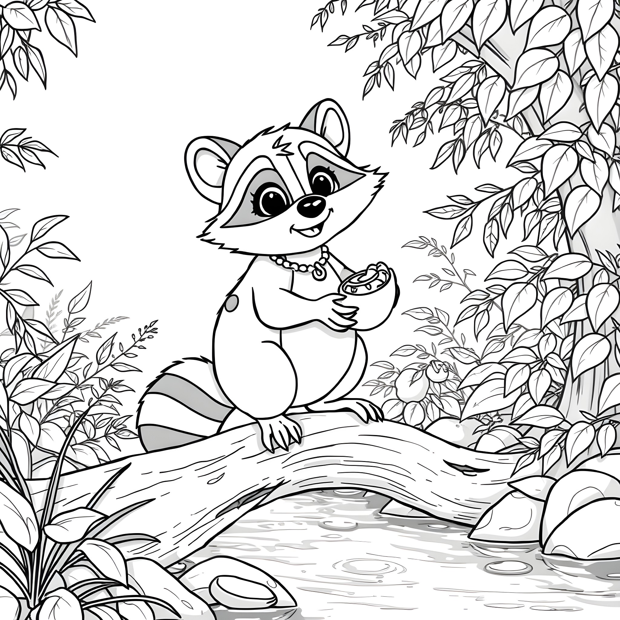 Meeko the raccoon exploring the forest Coloring Page (free black-and-white line drawing printable PDF for all, from beginners to advanced learners, including children, teens, adults, and seniors)