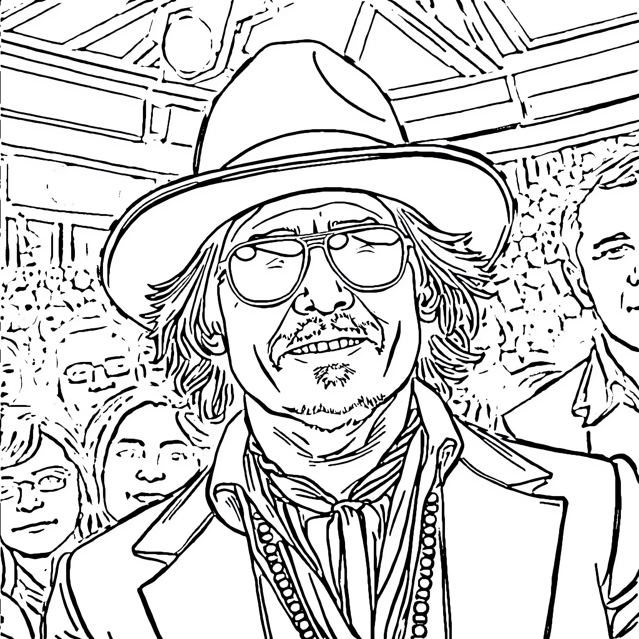 Johnny Depp as a Western character with a distinct look Coloring Page (free black-and-white line drawing printable PDF for all, from beginners to advanced learners, including children, teens, adults, and seniors)