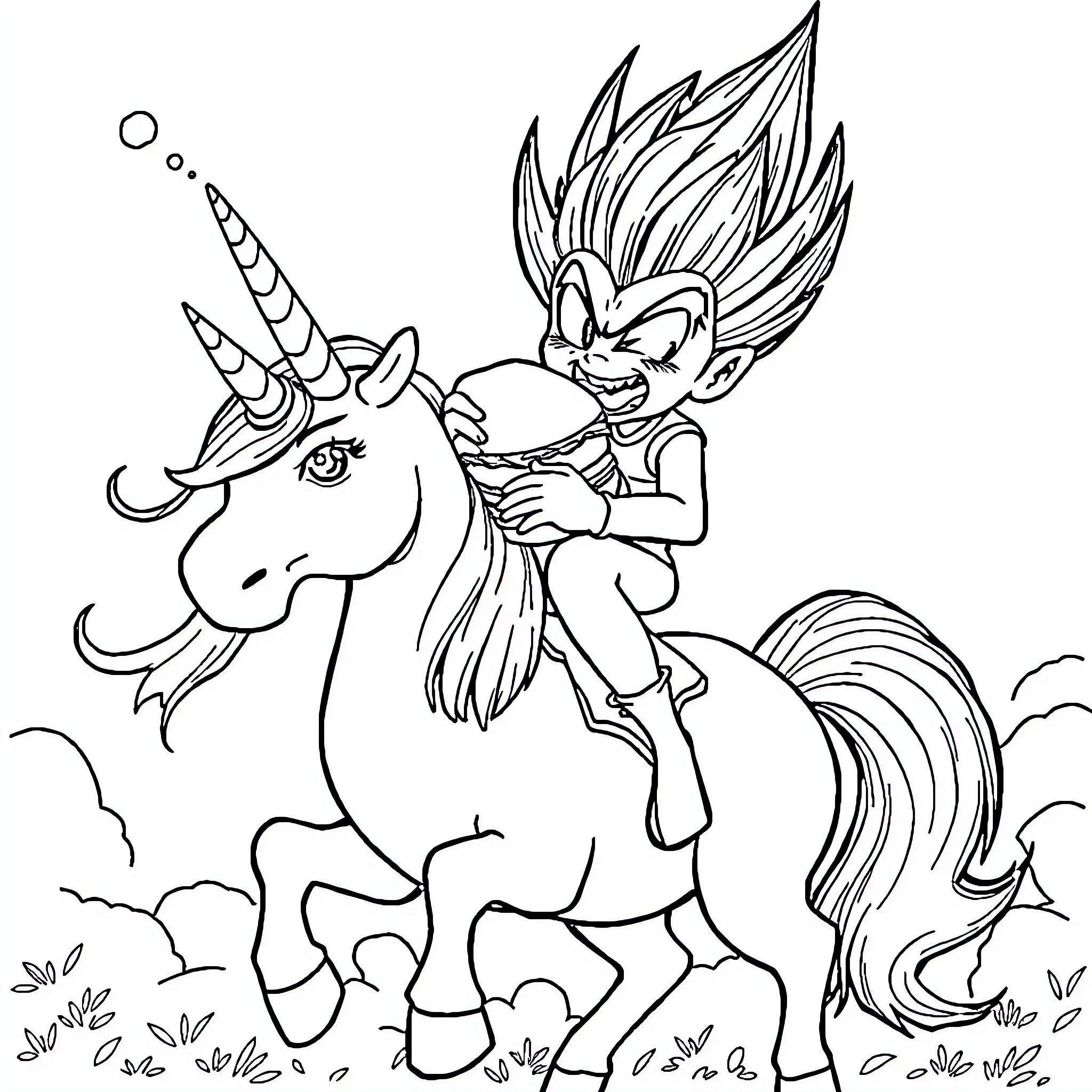 Vegeta riding a majestic unicorn in a fantastical scene Coloring Page (free black-and-white line drawing printable PDF for all, from beginners to advanced learners, including children, teens, adults, and seniors)