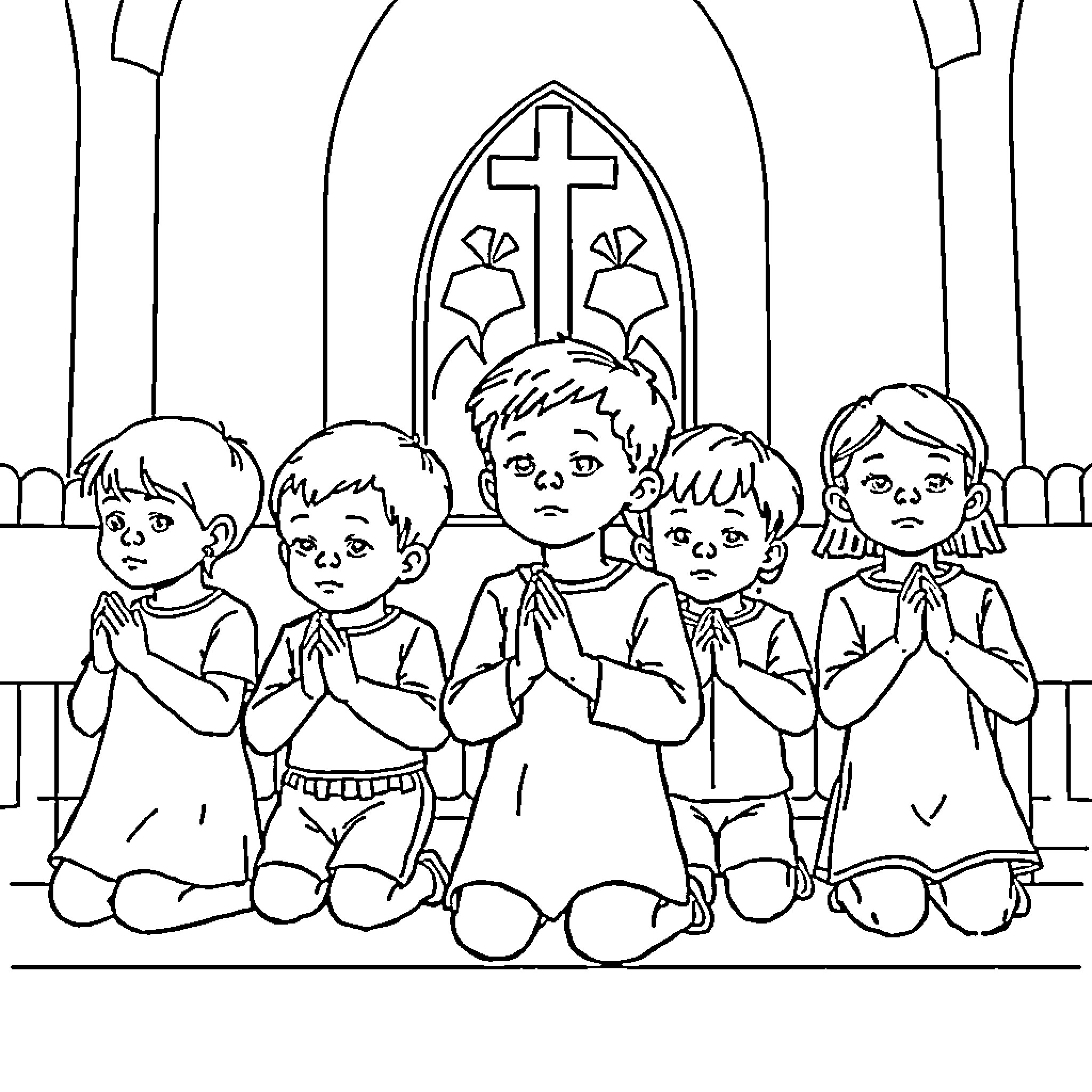 Child Worshipers Kneeling in Church Coloring Page (free black-and-white line drawing printable PDF for all, from beginners to advanced learners, including children, teens, adults, and seniors)