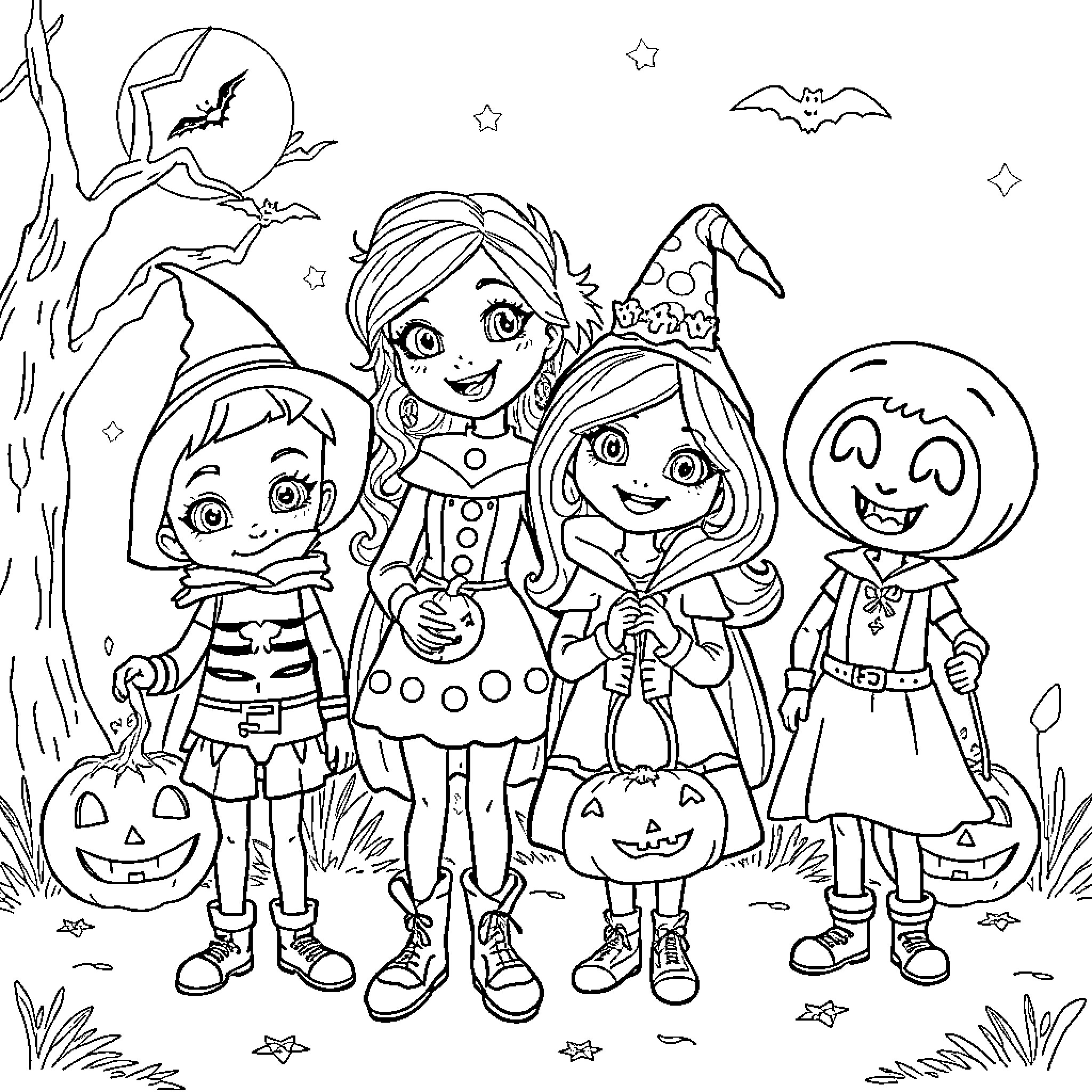 Bluey and Friends Trick-or-Treating on Halloween Coloring Page (free black-and-white line drawing printable PDF for all, from beginners to advanced learners, including children, teens, adults, and seniors)