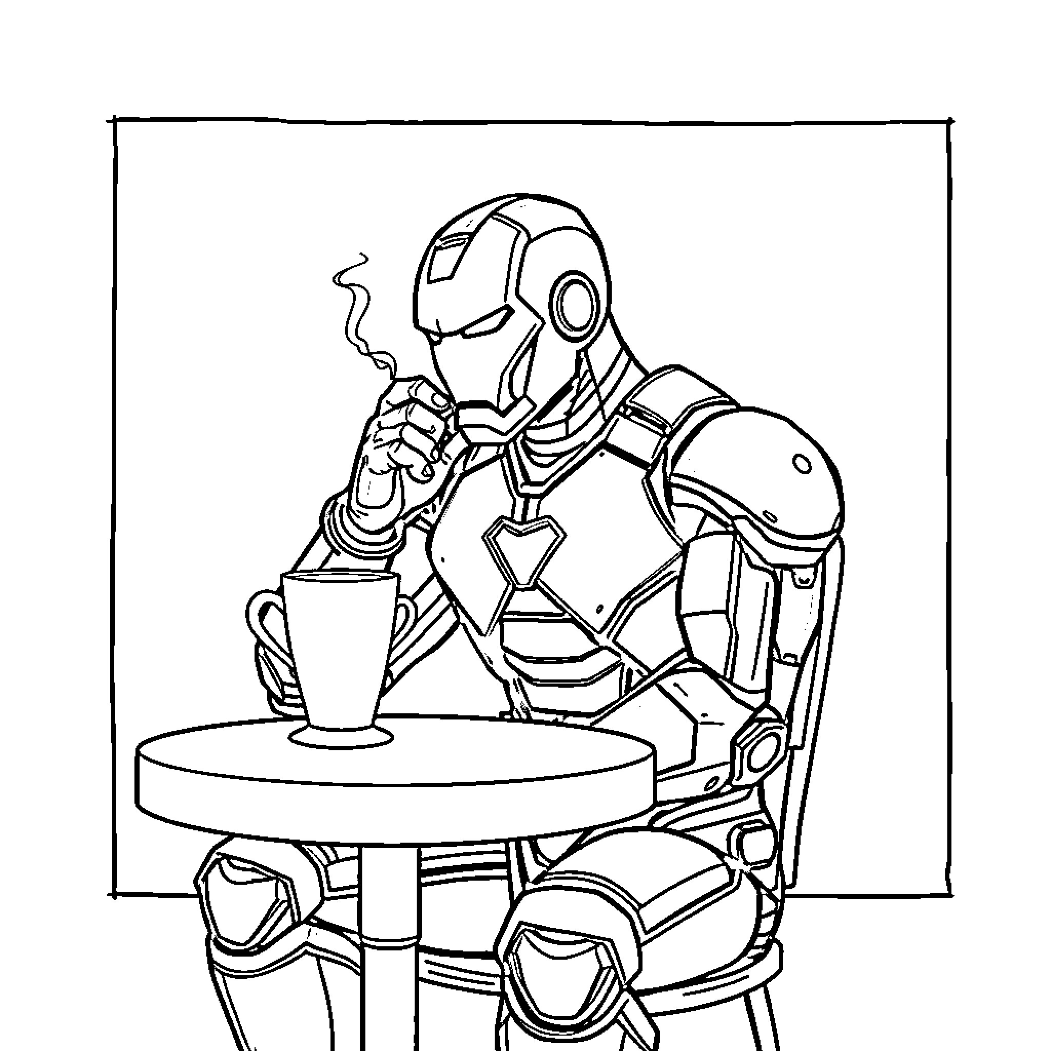 Iron Man Relaxing with a Cup of Coffee Coloring Page (free black-and-white line drawing printable PDF for all, from beginners to advanced learners, including children, teens, adults, and seniors)