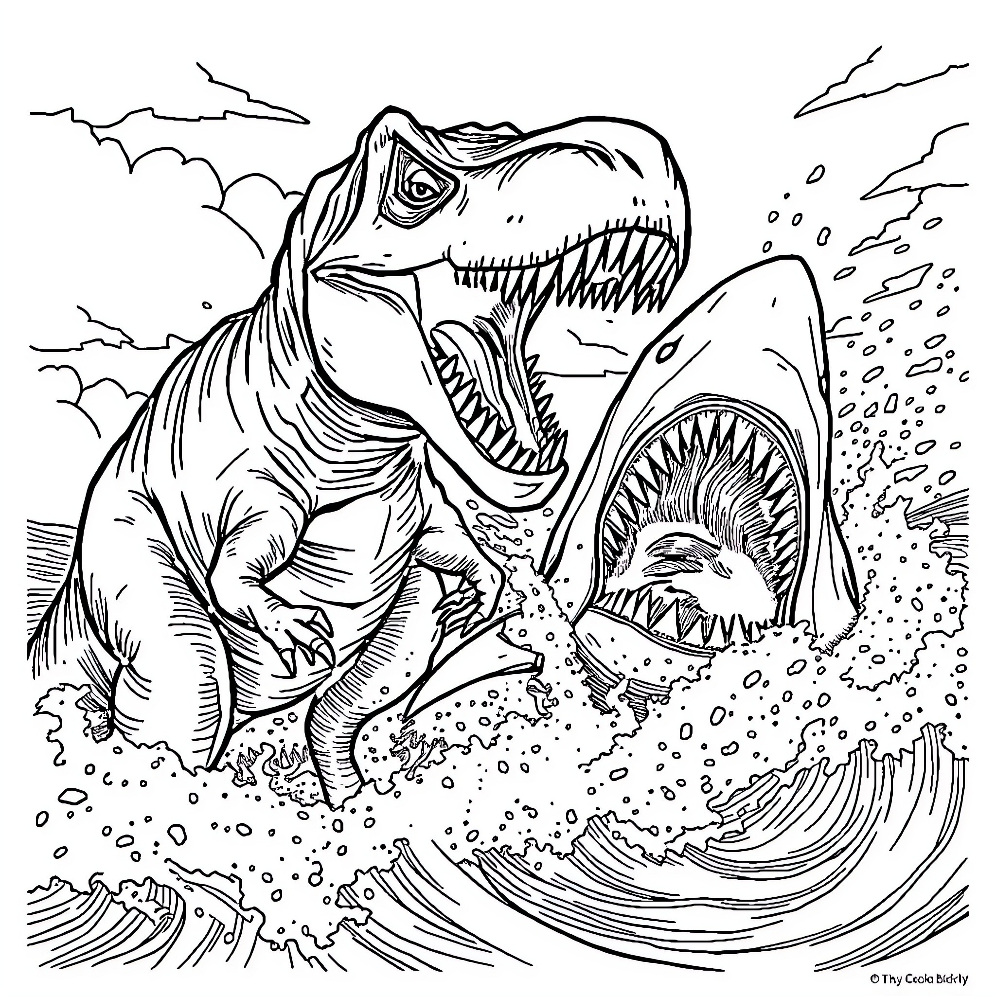 Tyrannosaurus Rex battling ferocious shark in stormy seas Coloring Page (free black-and-white line drawing printable PDF for all, from beginners to advanced learners, including children, teens, adults, and seniors)