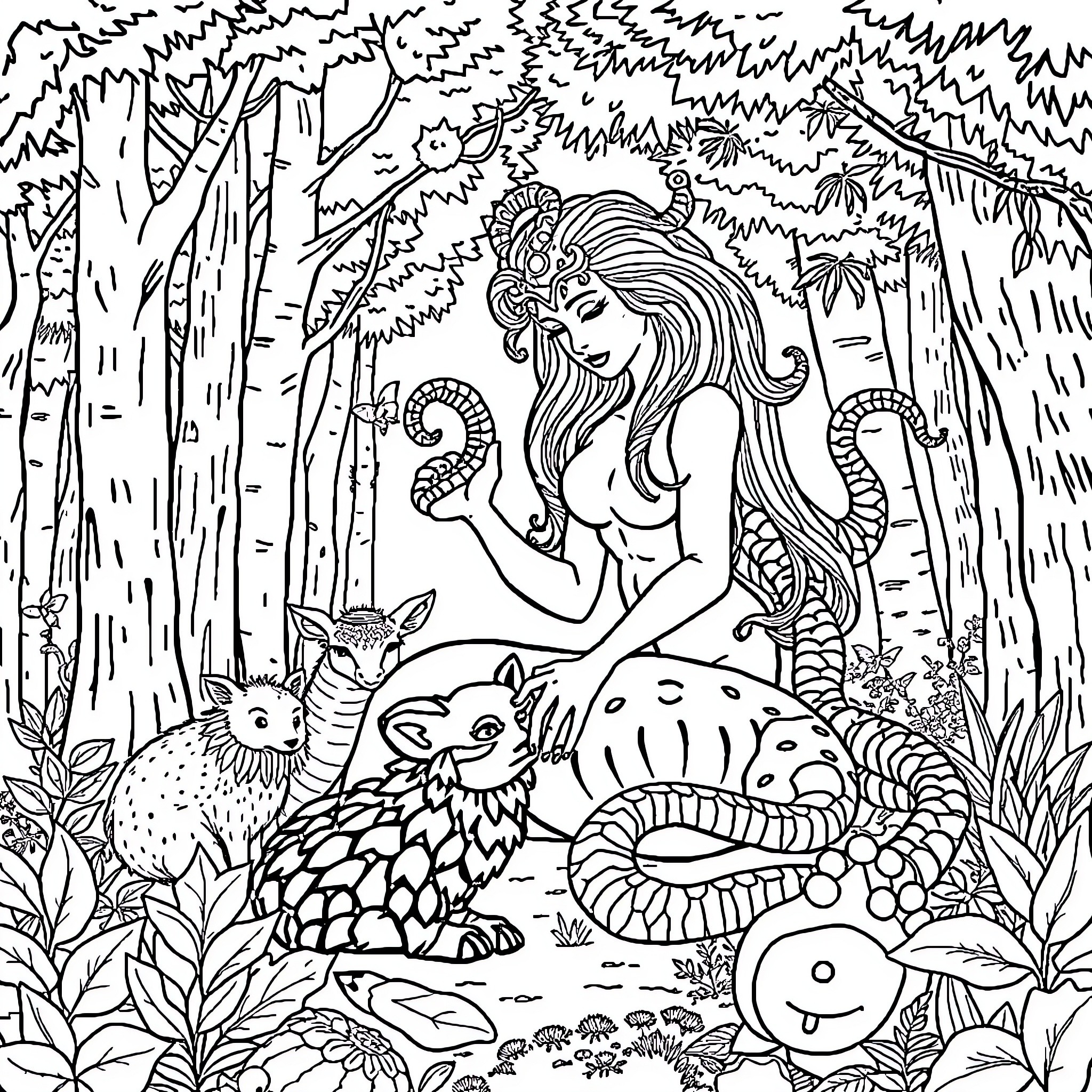 Medusa in mystical forest with animal companions Coloring Page (free black-and-white line drawing printable PDF for all, from beginners to advanced learners, including children, teens, adults, and seniors)