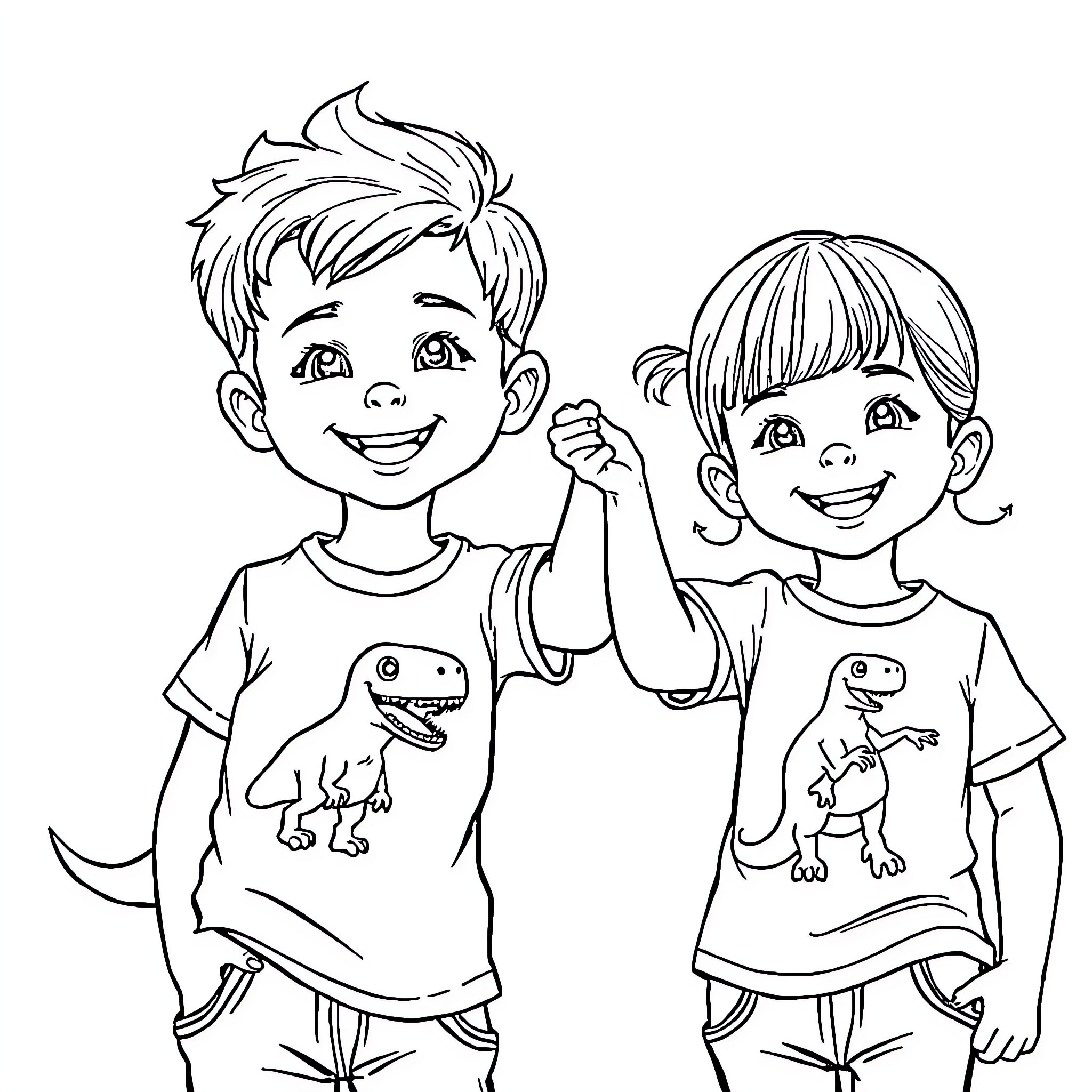 Child friends playing together happily Coloring Page (free black-and-white line drawing printable PDF for all, from beginners to advanced learners, including children, teens, adults, and seniors)
