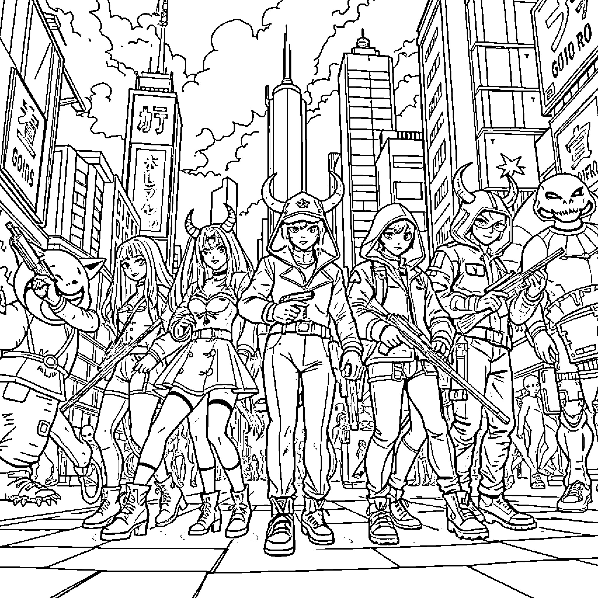 Demon Hunter Squad Ready for Urban Battle Coloring Page (free black-and-white line drawing printable PDF for all, from beginners to advanced learners, including children, teens, adults, and seniors)