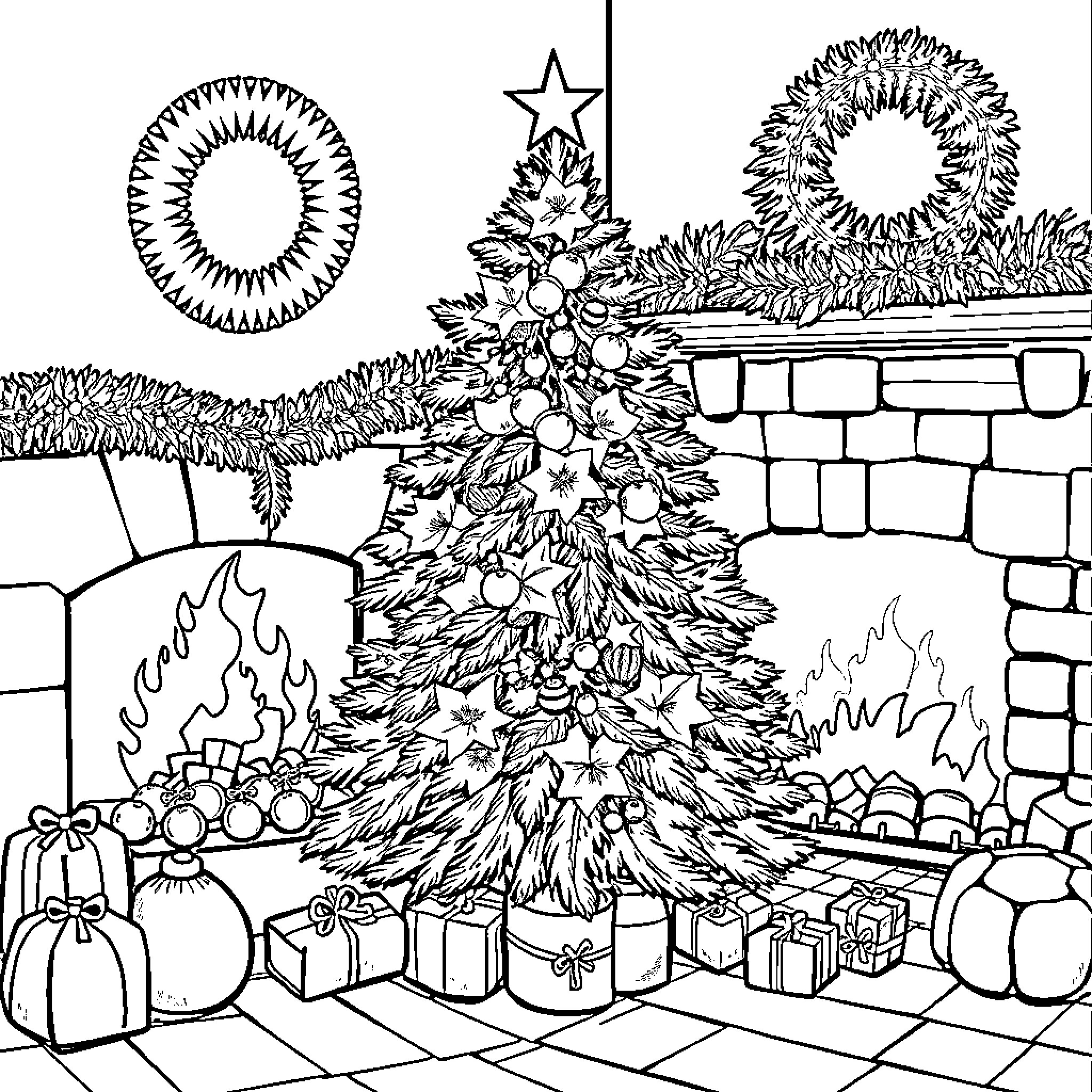Christmas Tree decorated with ornaments and presents Coloring Page (free black-and-white line drawing printable PDF for all, from beginners to advanced learners, including children, teens, adults, and seniors)