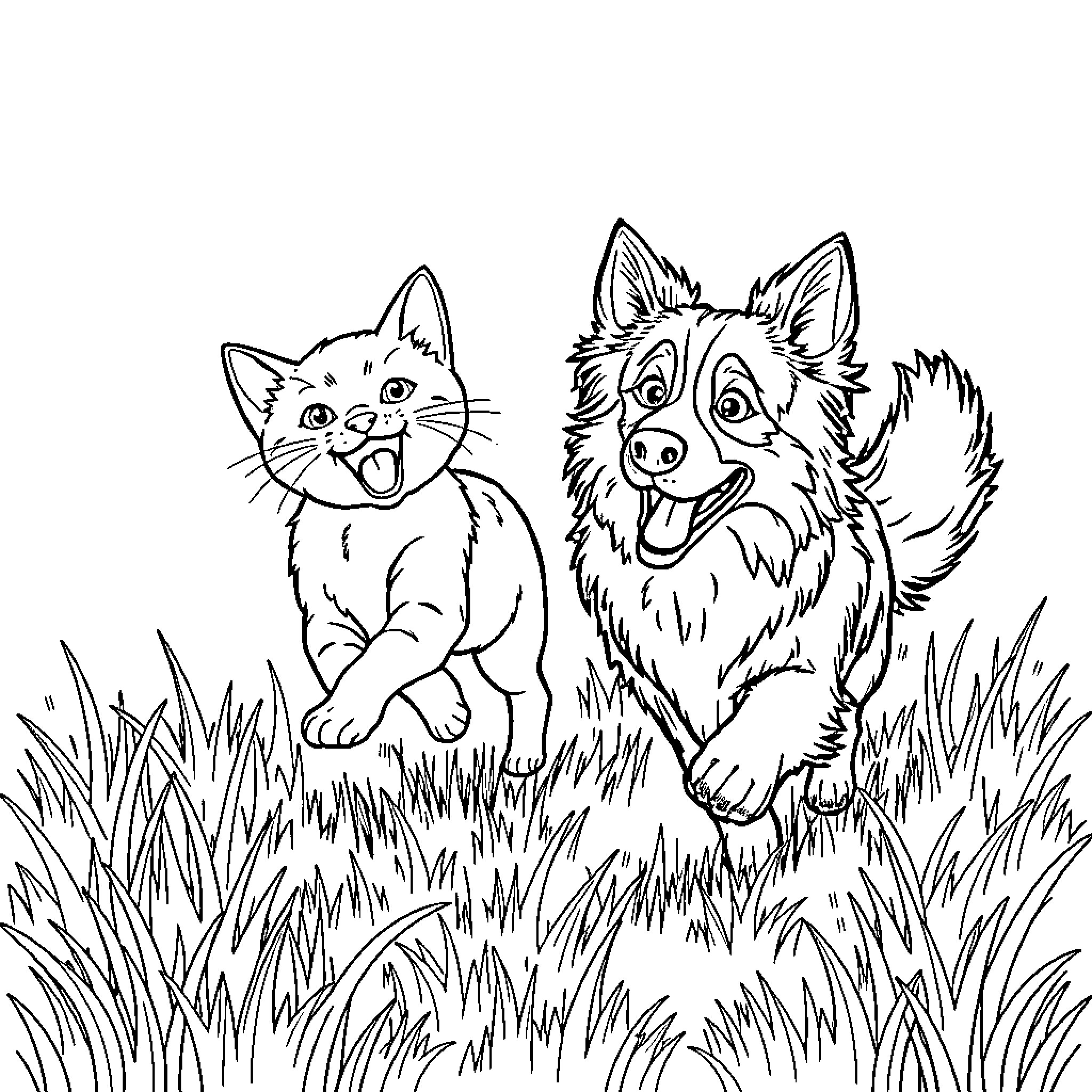 Cat and Dog Playing in the Grass Coloring Page (free black-and-white line drawing printable PDF for all, from beginners to advanced learners, including children, teens, adults, and seniors)