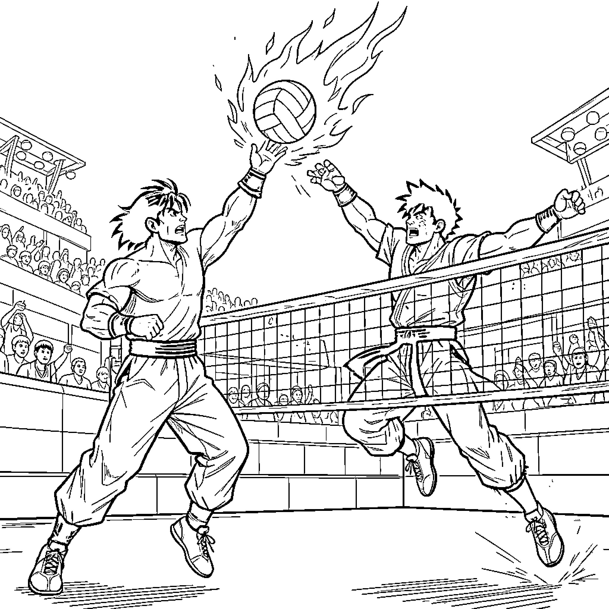 Ken's Epic Volleyball Showdown on the Court Coloring Page (free black-and-white line drawing printable PDF for all, from beginners to advanced learners, including children, teens, adults, and seniors)