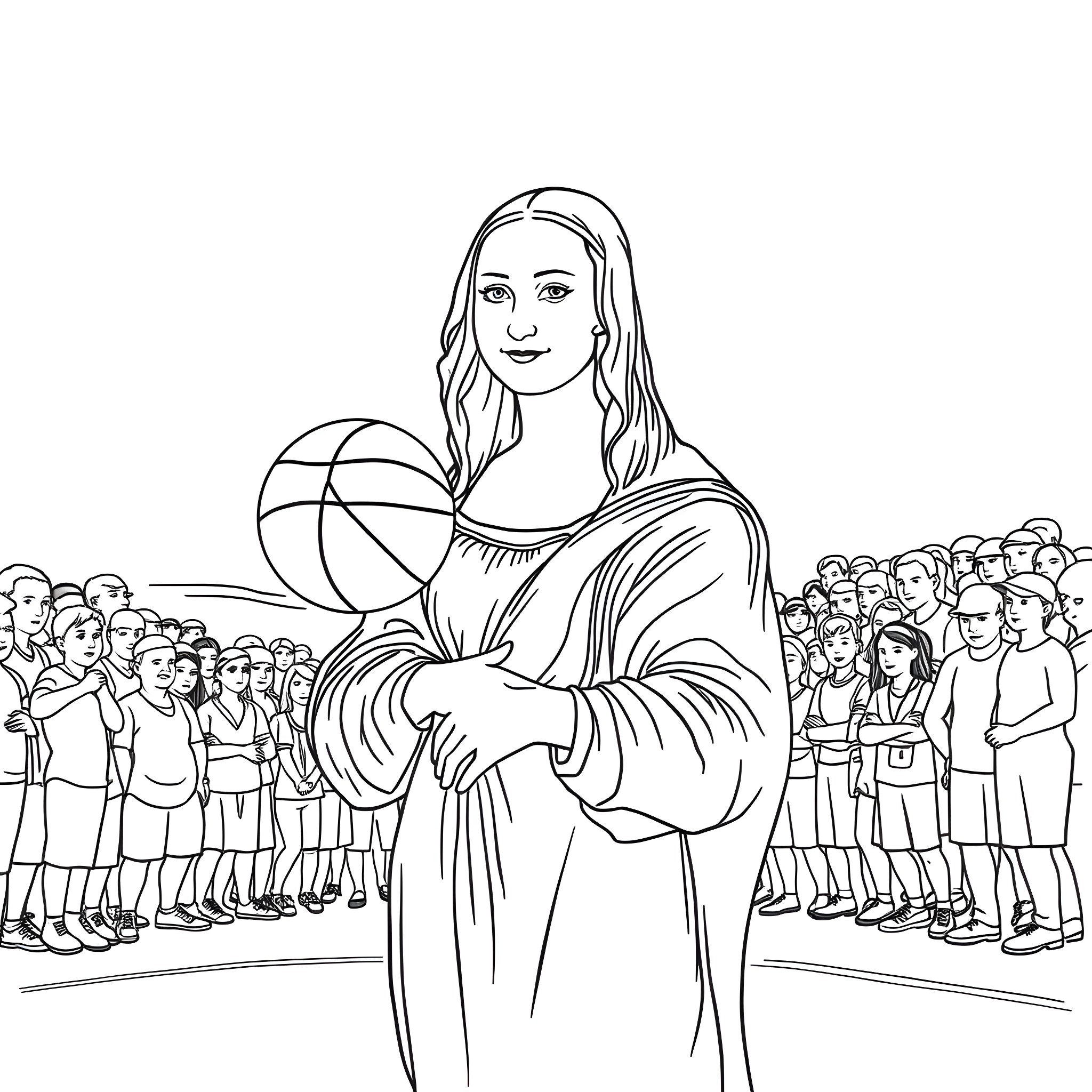 Mona Lisa enjoying a basketball game with a crowd Coloring Page (free black-and-white line drawing printable PDF for all, from beginners to advanced learners, including children, teens, adults, and seniors)