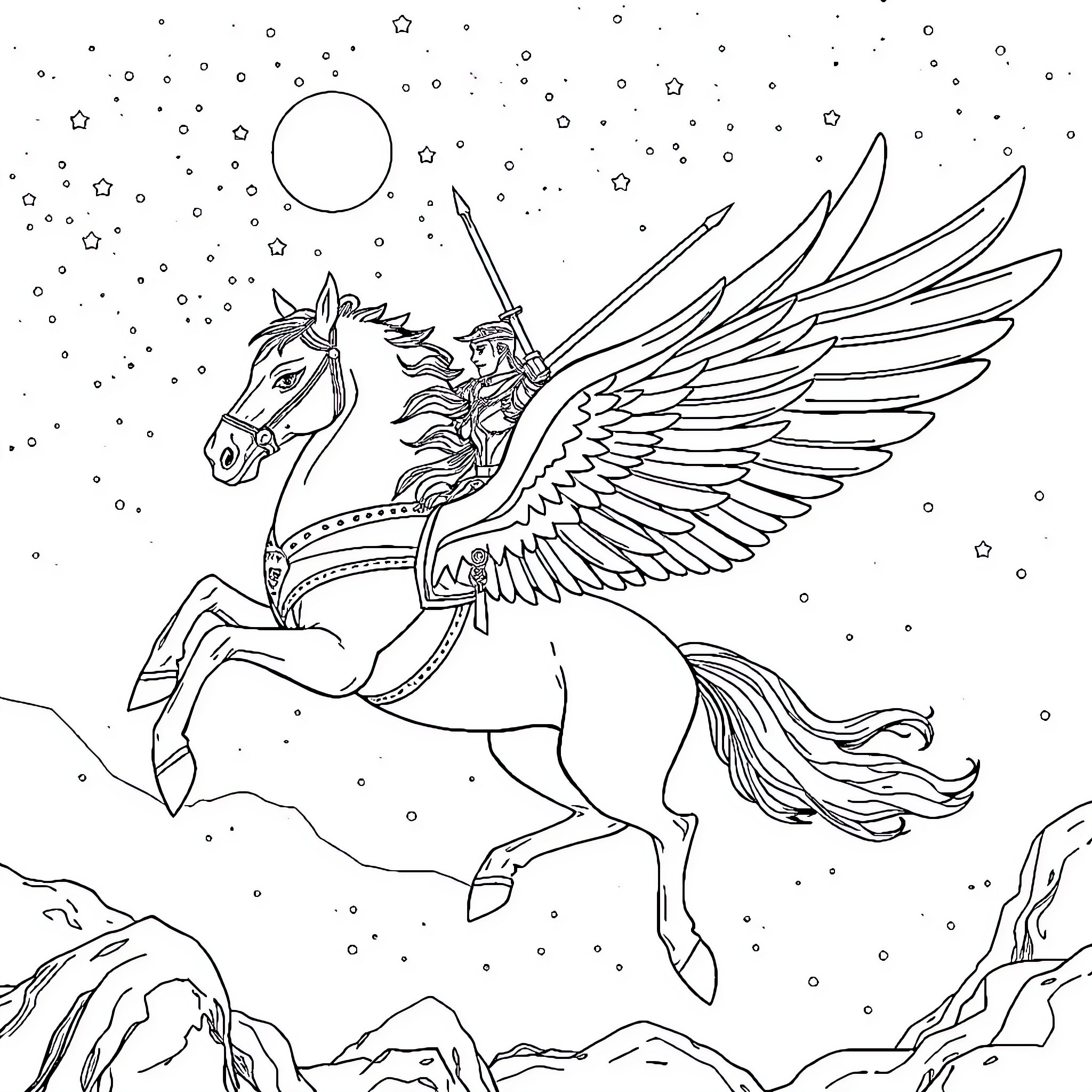 Pegasus soaring through the starry night sky Coloring Page (free black-and-white line drawing printable PDF for all, from beginners to advanced learners, including children, teens, adults, and seniors)