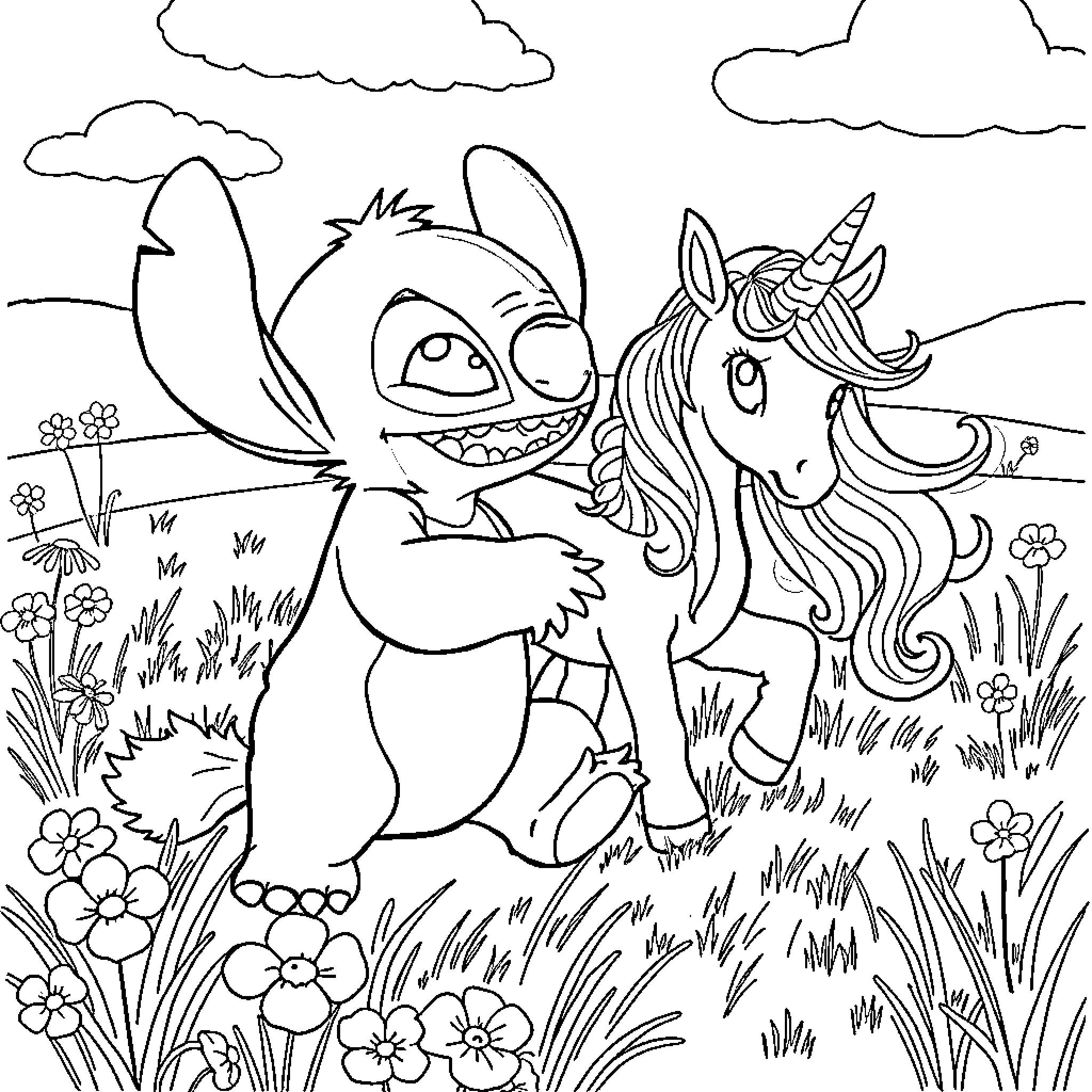 Stitch and Unicorn Playing in Flowery Field Coloring Page (free black-and-white line drawing printable PDF for all, from beginners to advanced learners, including children, teens, adults, and seniors)