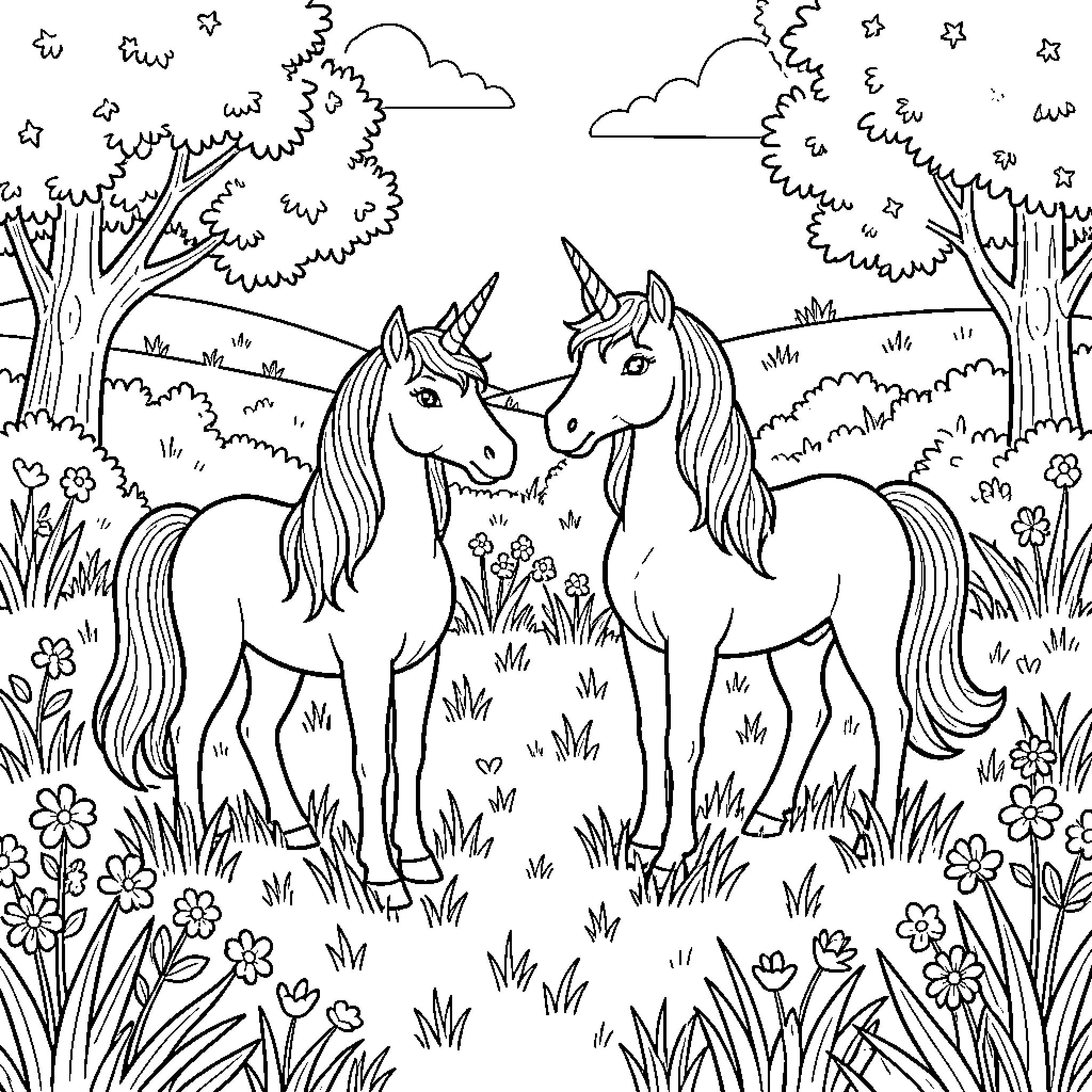 Unicorns standing together in a flowery meadow Coloring Page (free black-and-white line drawing printable PDF for all, from beginners to advanced learners, including children, teens, adults, and seniors)