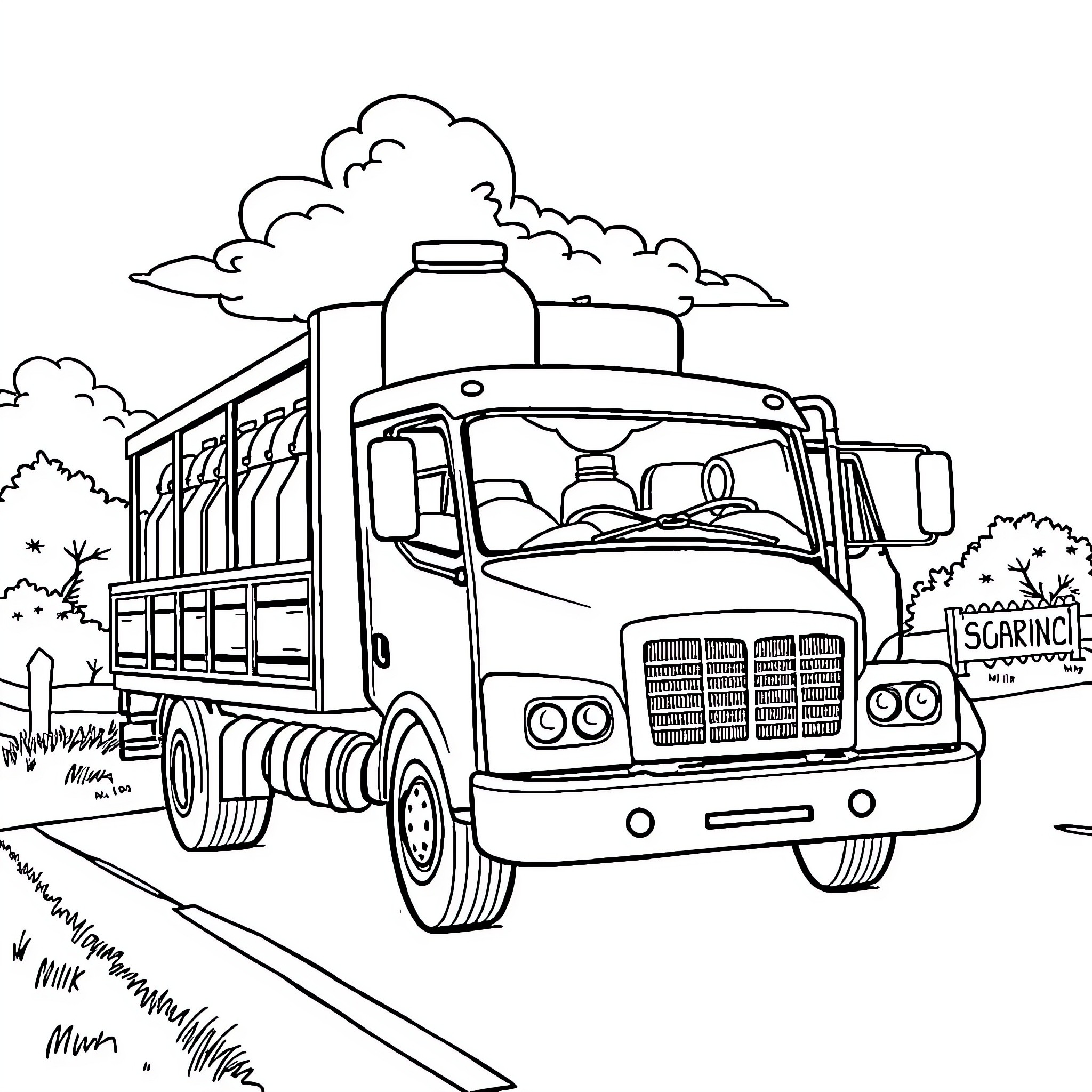 Milk Truck hauling milk containers on rural road Coloring Page (free black-and-white line drawing printable PDF for all, from beginners to advanced learners, including children, teens, adults, and seniors)