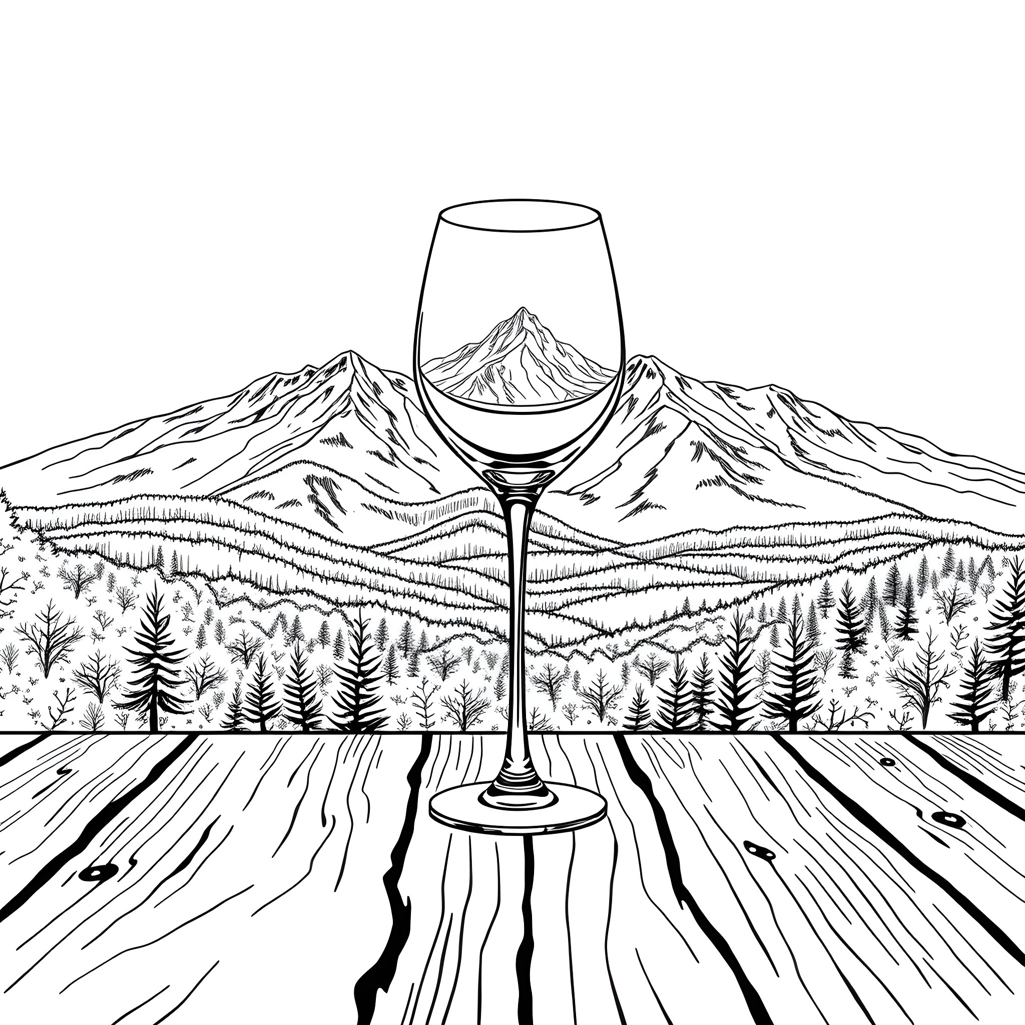 Wine Glass Reflecting Mountain Landscape Coloring Page (free black-and-white line drawing printable PDF for all, from beginners to advanced learners, including children, teens, adults, and seniors)