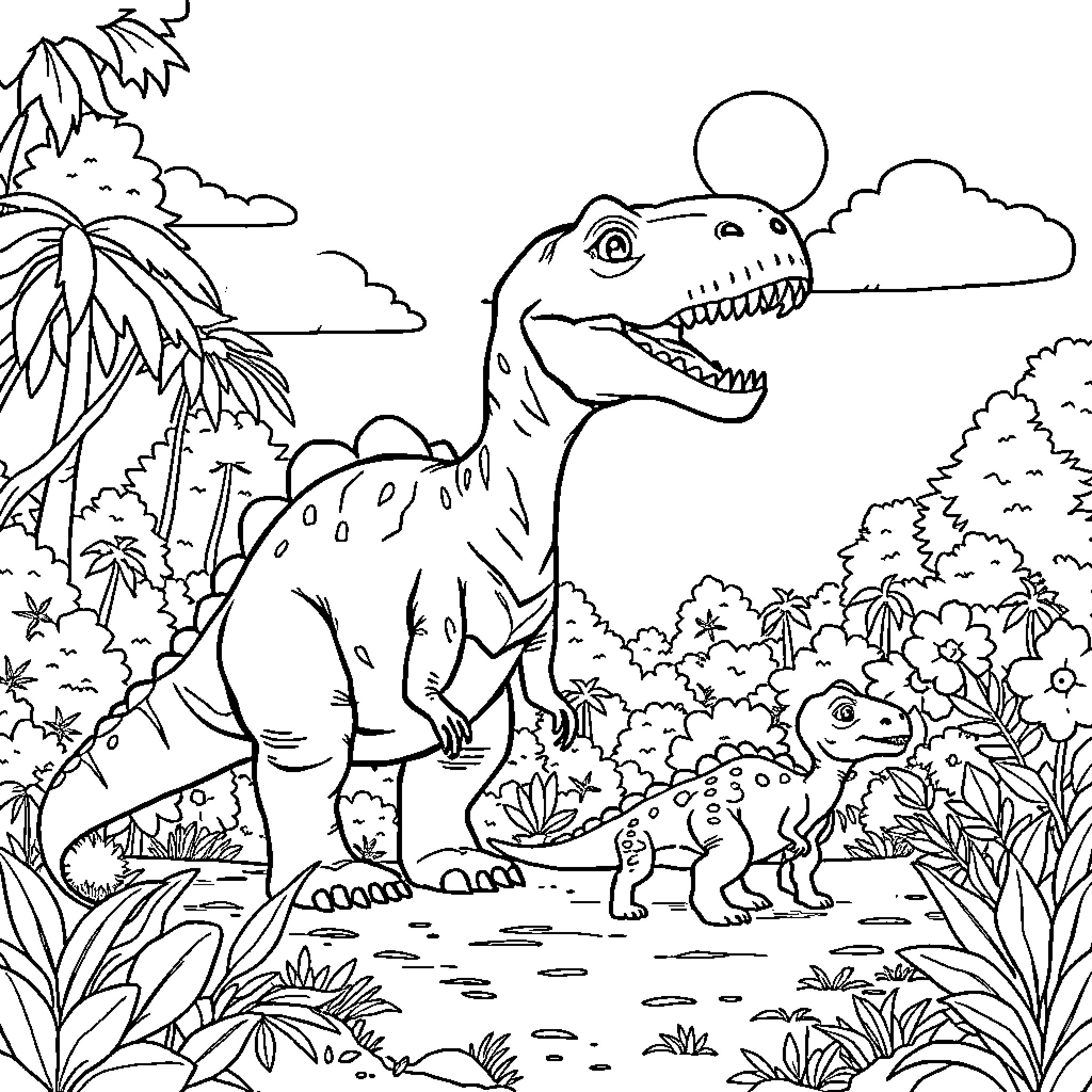 Dinosaur roaming in lush jungle landscape Coloring Page (free black-and-white line drawing printable PDF for all, from beginners to advanced learners, including children, teens, adults, and seniors)