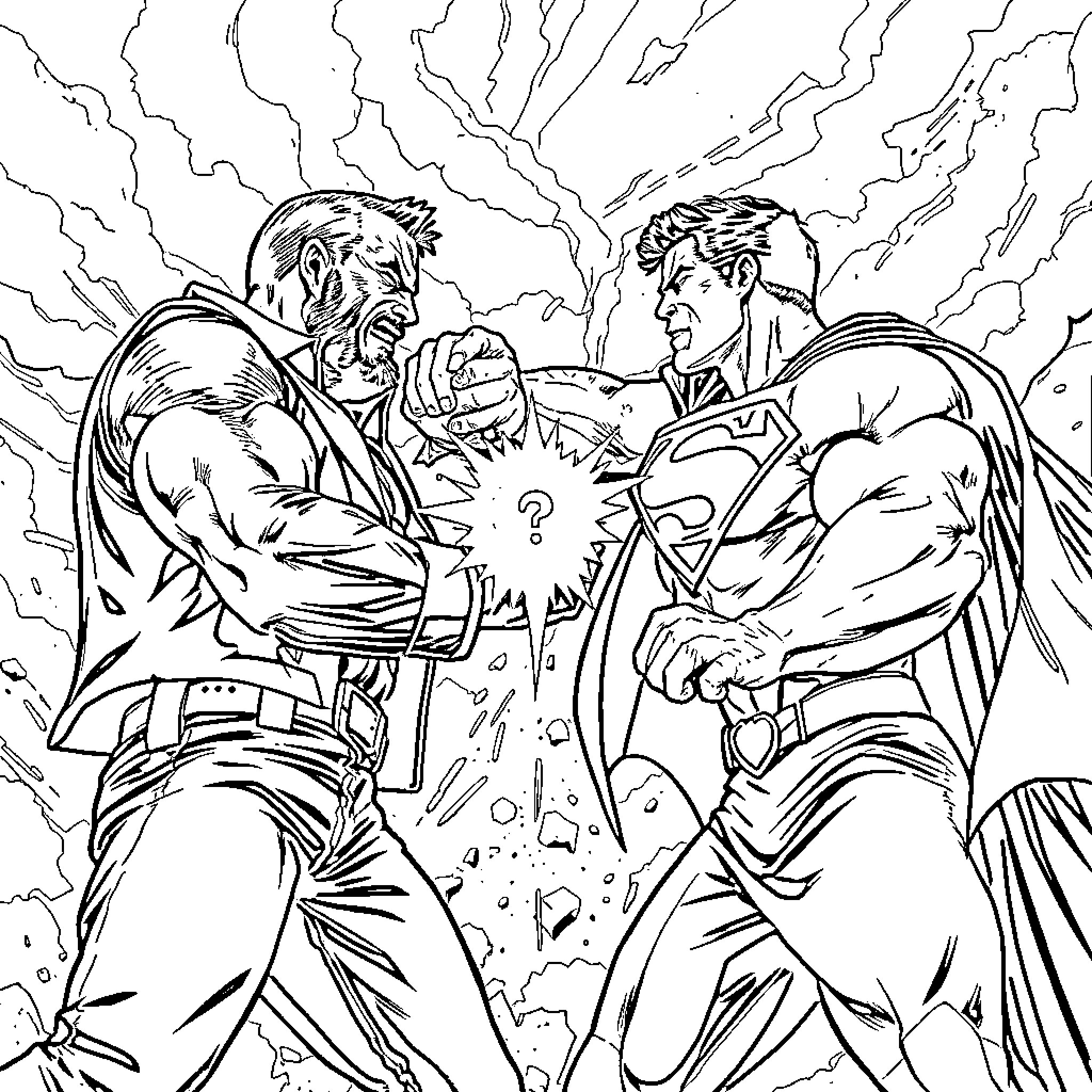 Frank Castle battling with Superman in epic superhero showdown Coloring Page (free black-and-white line drawing printable PDF for all, from beginners to advanced learners, including children, teens, adults, and seniors)