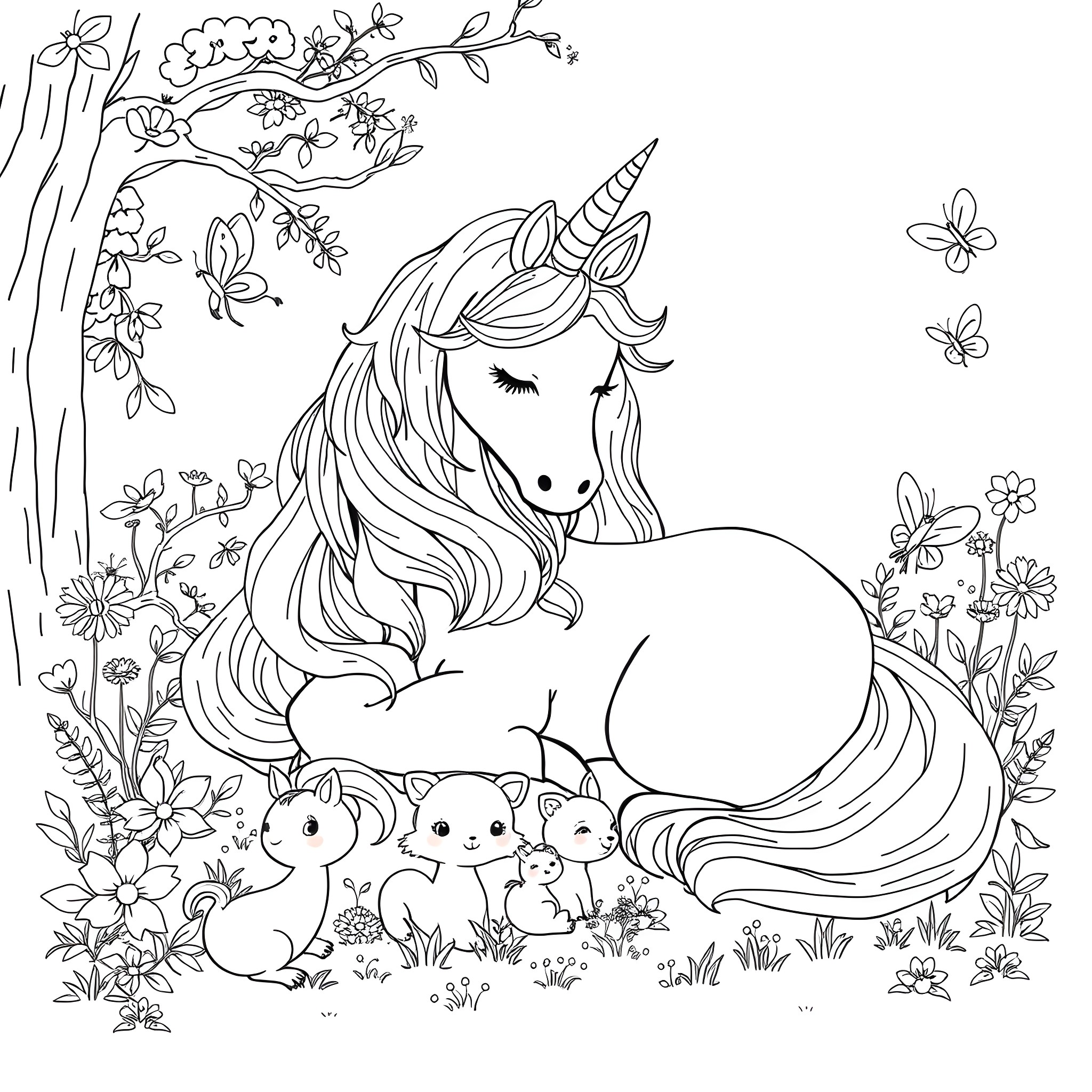 Unicorn resting peacefully among forest creatures Coloring Page (free black-and-white line drawing printable PDF for all, from beginners to advanced learners, including children, teens, adults, and seniors)