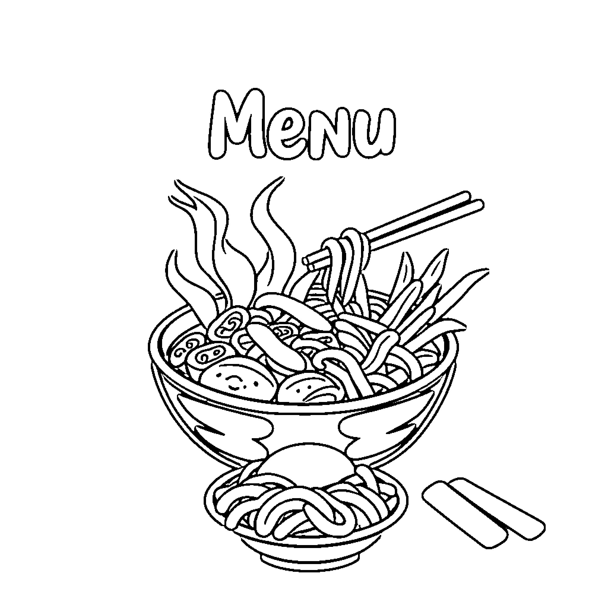 Korean Food Menu with Hot Noodle Dish Coloring Page (free black-and-white line drawing printable PDF for all, from beginners to advanced learners, including children, teens, adults, and seniors)