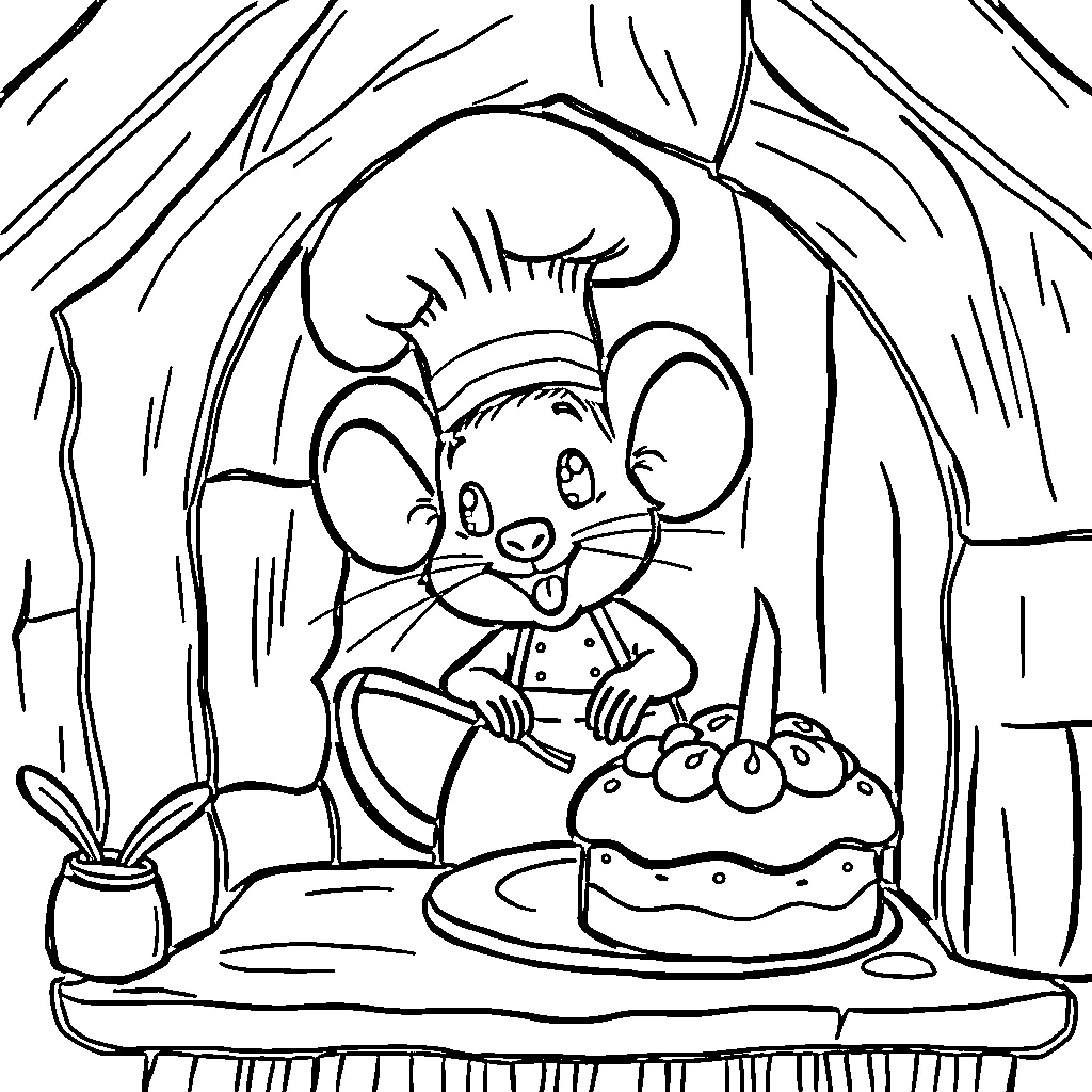 Mouse chef preparing delicious dessert Coloring Page (free black-and-white line drawing printable PDF for all, from beginners to advanced learners, including children, teens, adults, and seniors)