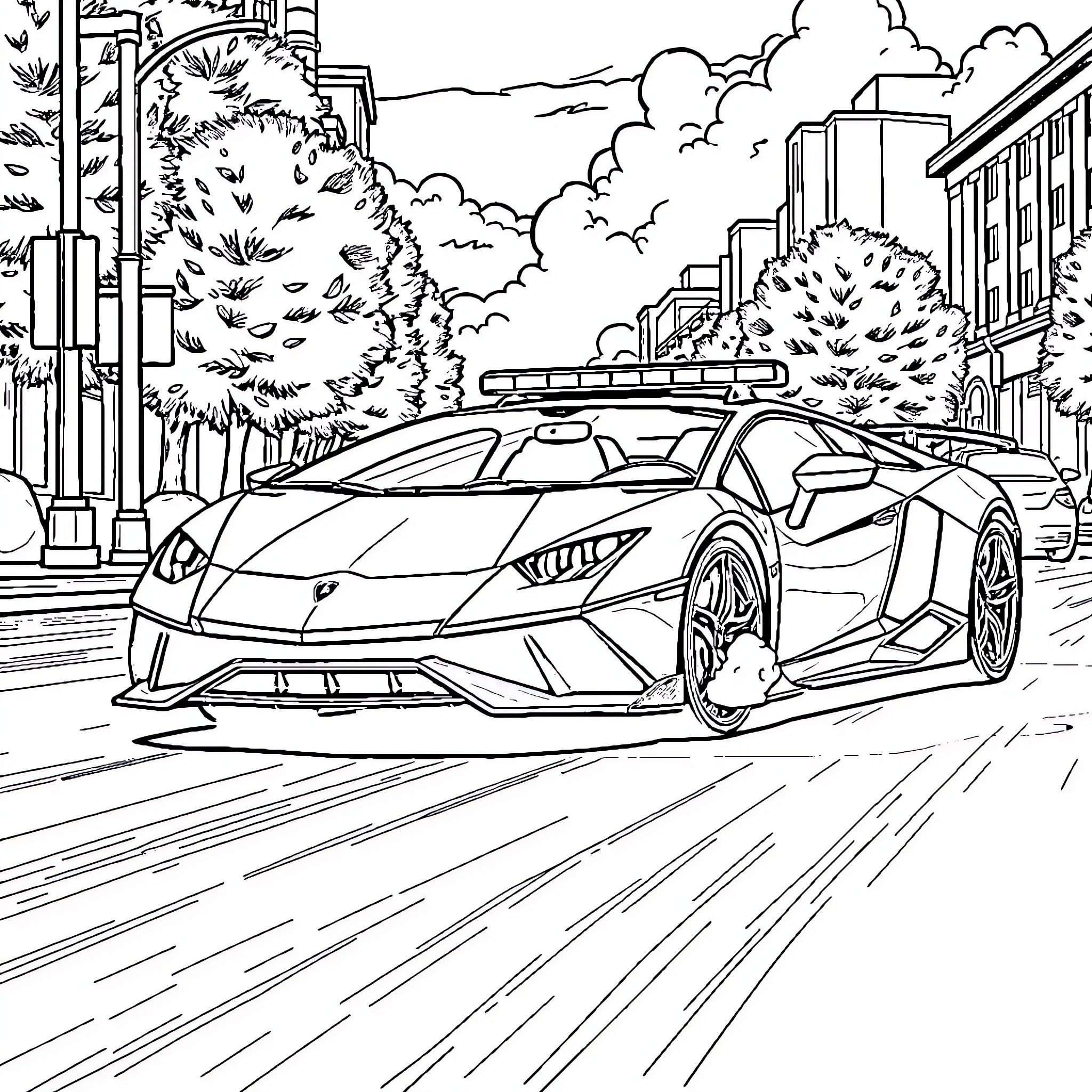 Lamborghini Speeding Through City Streets Coloring Page (free black-and-white line drawing printable PDF for all, from beginners to advanced learners, including children, teens, adults, and seniors)