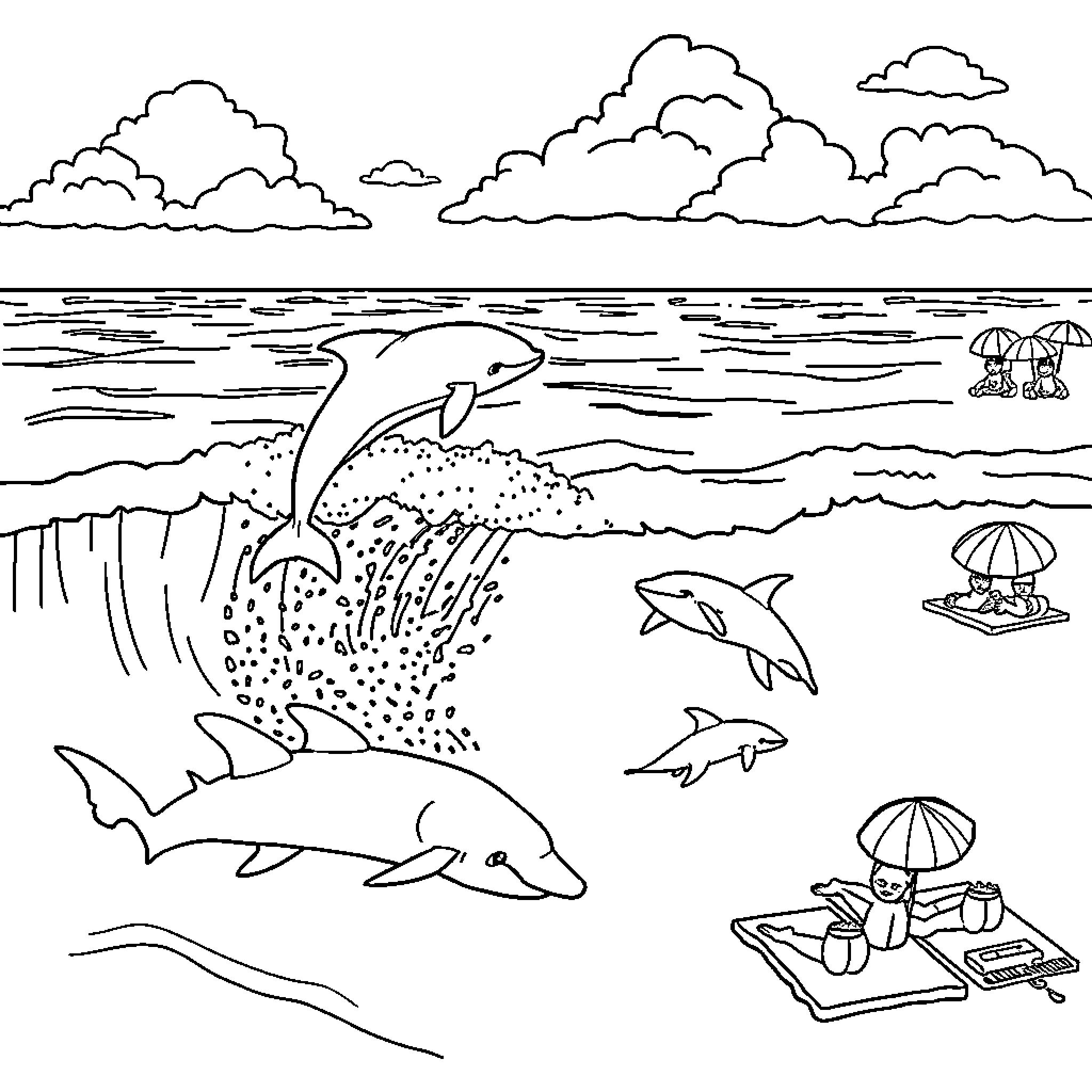 Beach with Dolphins and Umbrellas Coloring Page (free black-and-white line drawing printable PDF for all, from beginners to advanced learners, including children, teens, adults, and seniors)