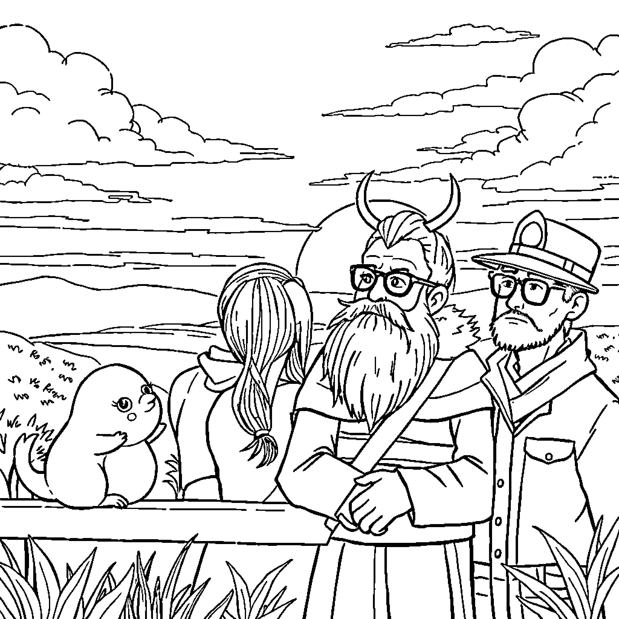 Poodle Friends Explore the Countryside Coloring Page (free black-and-white line drawing printable PDF for all, from beginners to advanced learners, including children, teens, adults, and seniors)