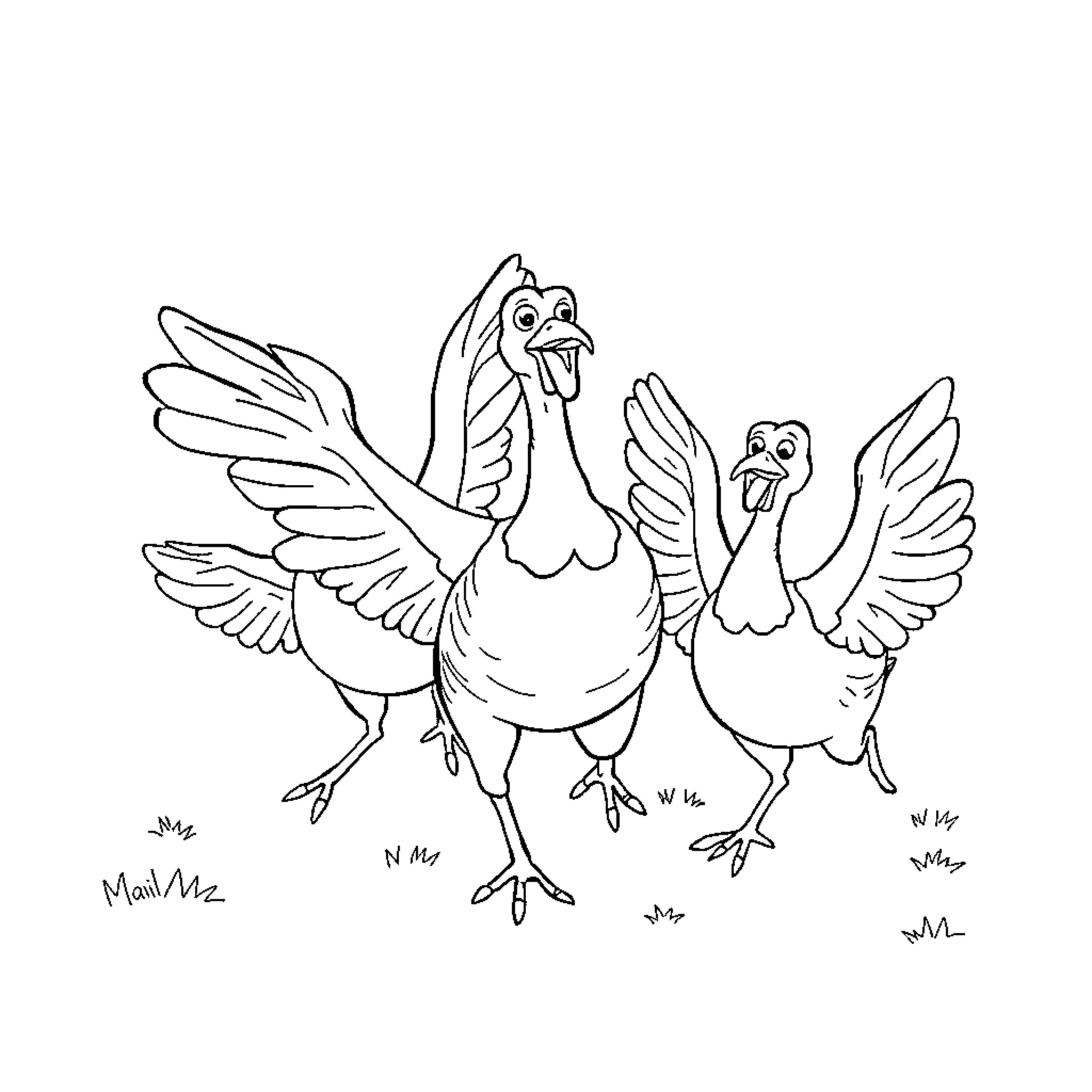 Turkey birds flapping their wings happily Coloring Page (free black-and-white line drawing printable PDF for all, from beginners to advanced learners, including children, teens, adults, and seniors)