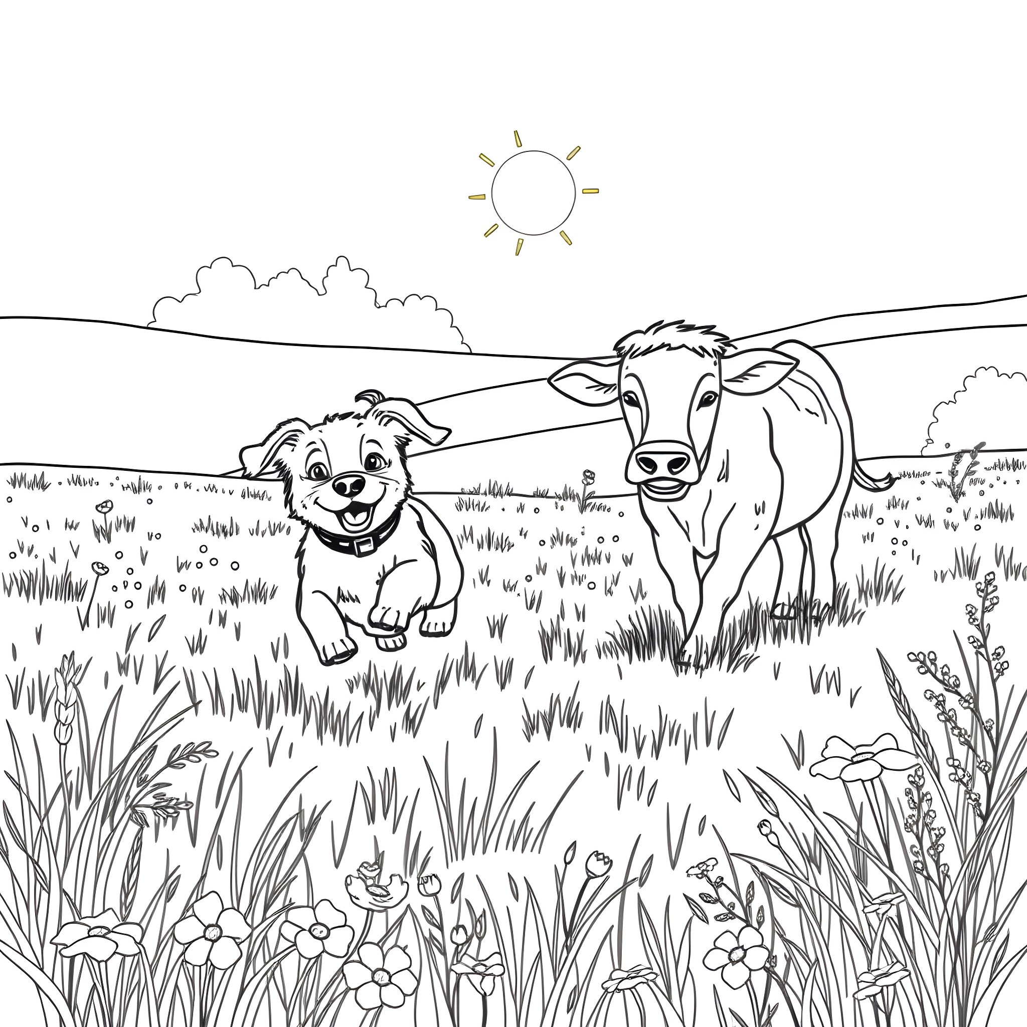 Dog and cow playing in a grassy field Coloring Page (free black-and-white line drawing printable PDF for all, from beginners to advanced learners, including children, teens, adults, and seniors)