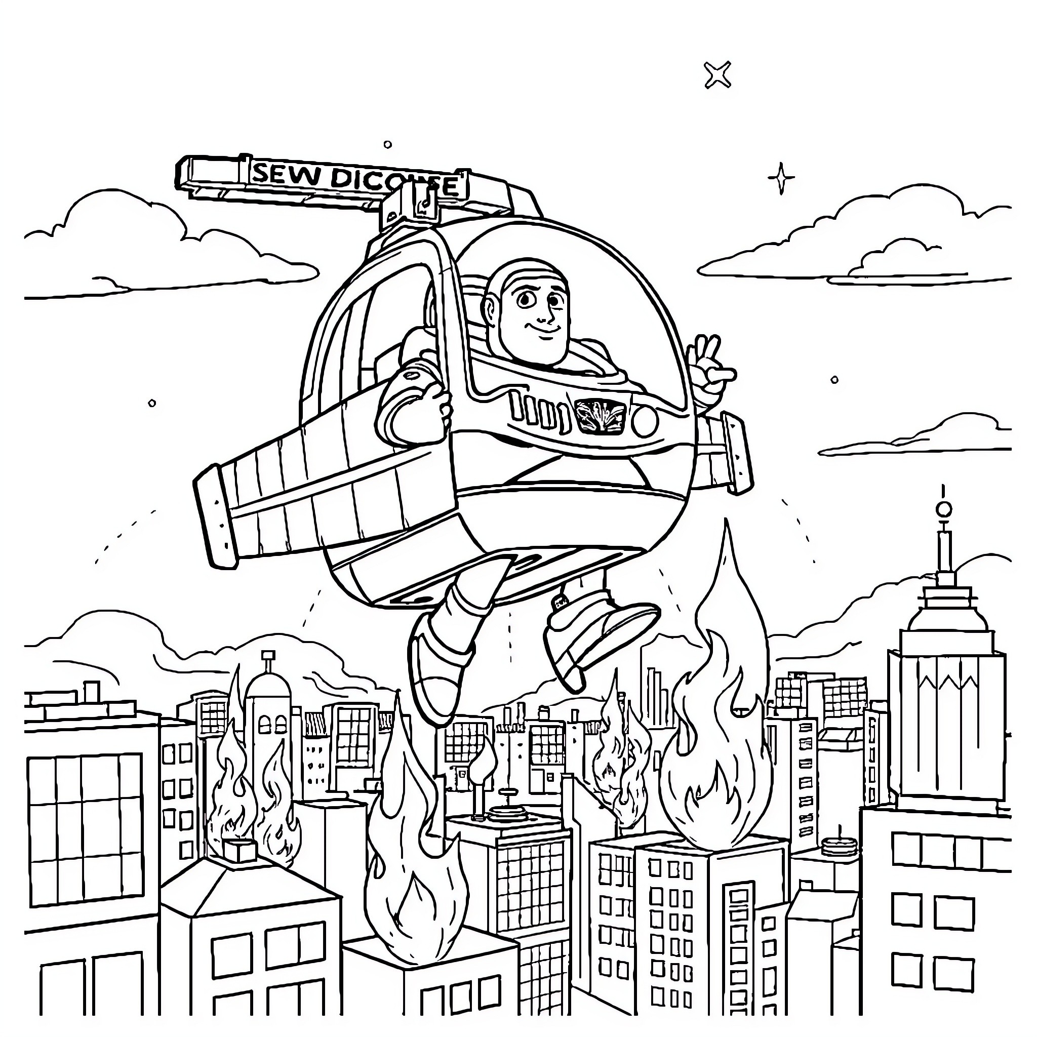 Buzz Lightyear Soars Over Burning City Coloring Page (free black-and-white line drawing printable PDF for all, from beginners to advanced learners, including children, teens, adults, and seniors)