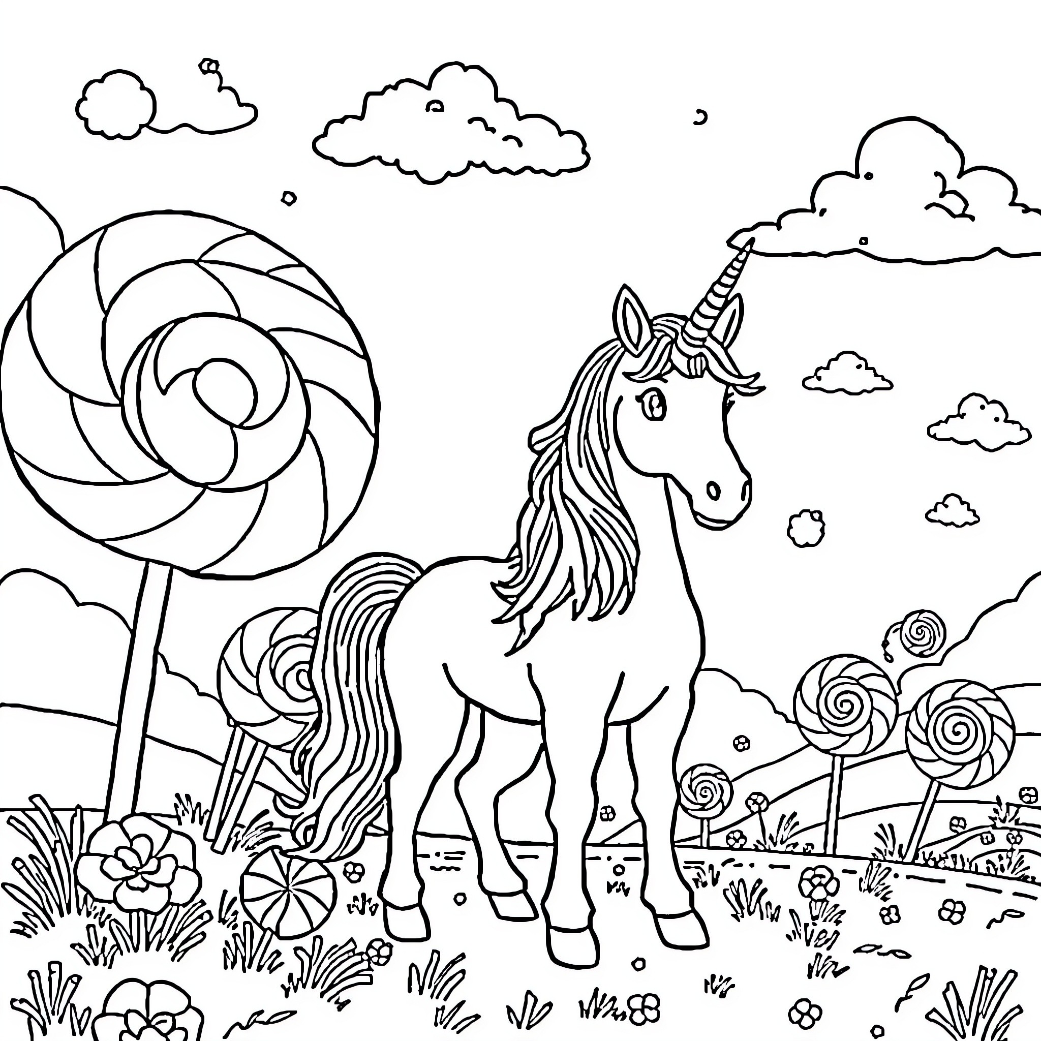 Unicorn admiring the magical landscape Coloring Page (free black-and-white line drawing printable PDF for all, from beginners to advanced learners, including children, teens, adults, and seniors)