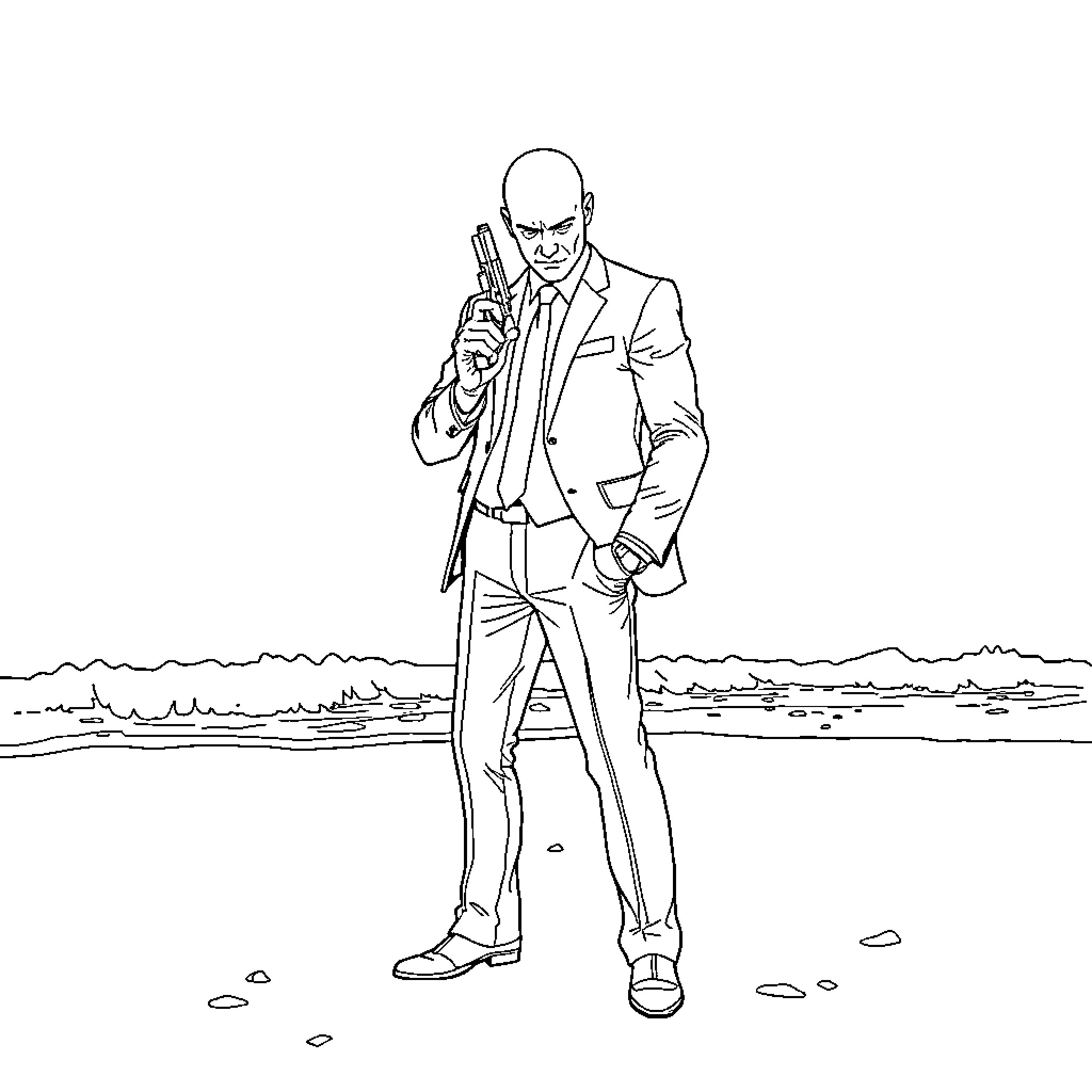 Agent 47 prepares for his next mission Coloring Page (free black-and-white line drawing printable PDF for all, from beginners to advanced learners, including children, teens, adults, and seniors)