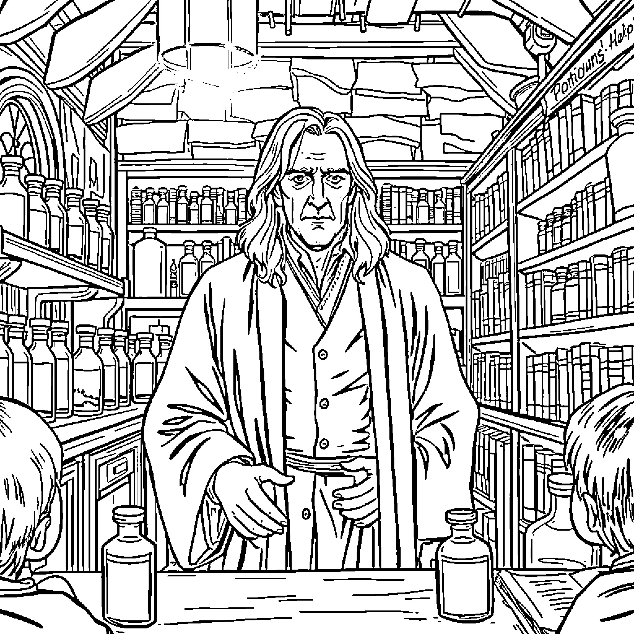 Professor Snape in the Potion Classroom Coloring Page (free black-and-white line drawing printable PDF for all, from beginners to advanced learners, including children, teens, adults, and seniors)