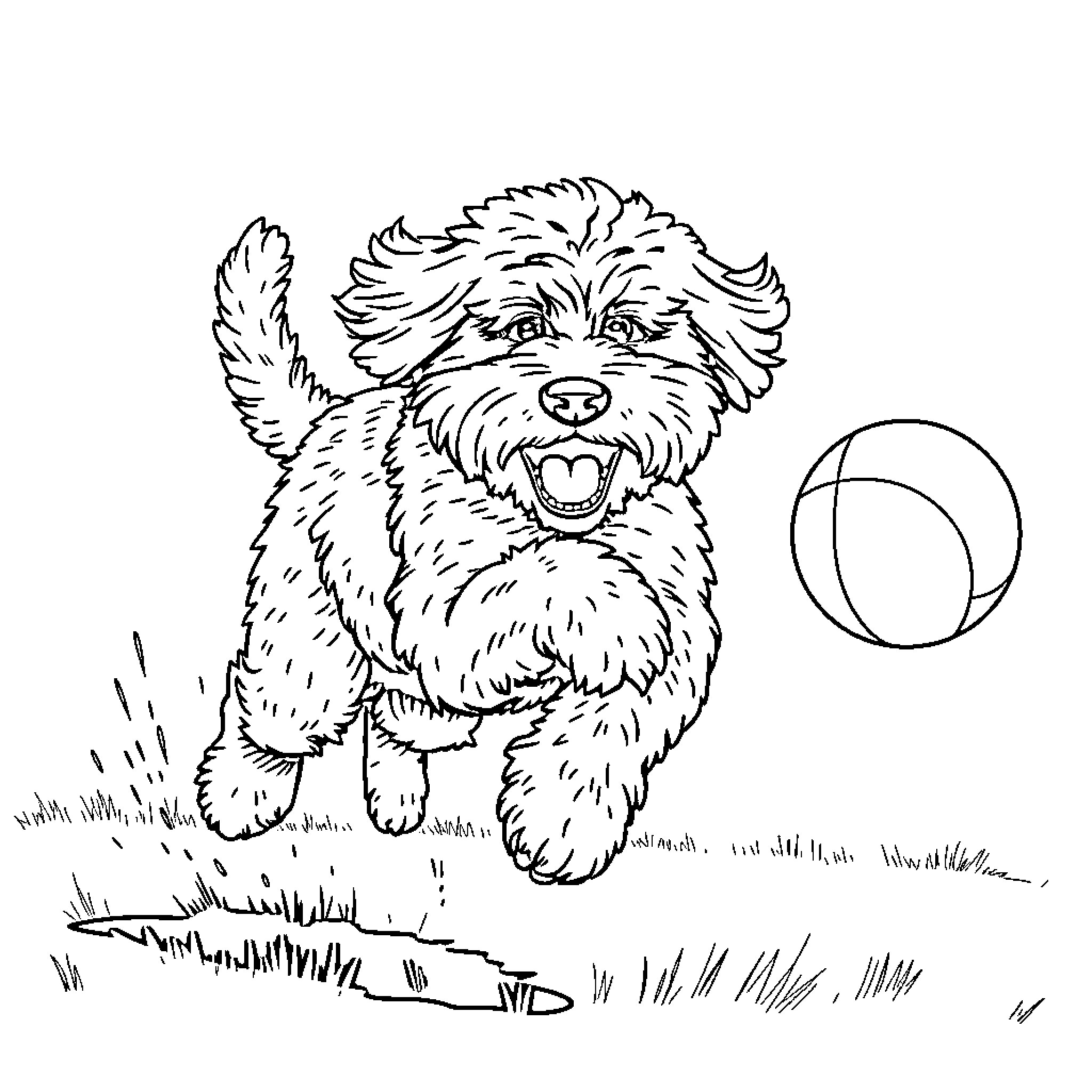 Labradoodle chasing after a bouncy ball happily Coloring Page (free black-and-white line drawing printable PDF for all, from beginners to advanced learners, including children, teens, adults, and seniors)