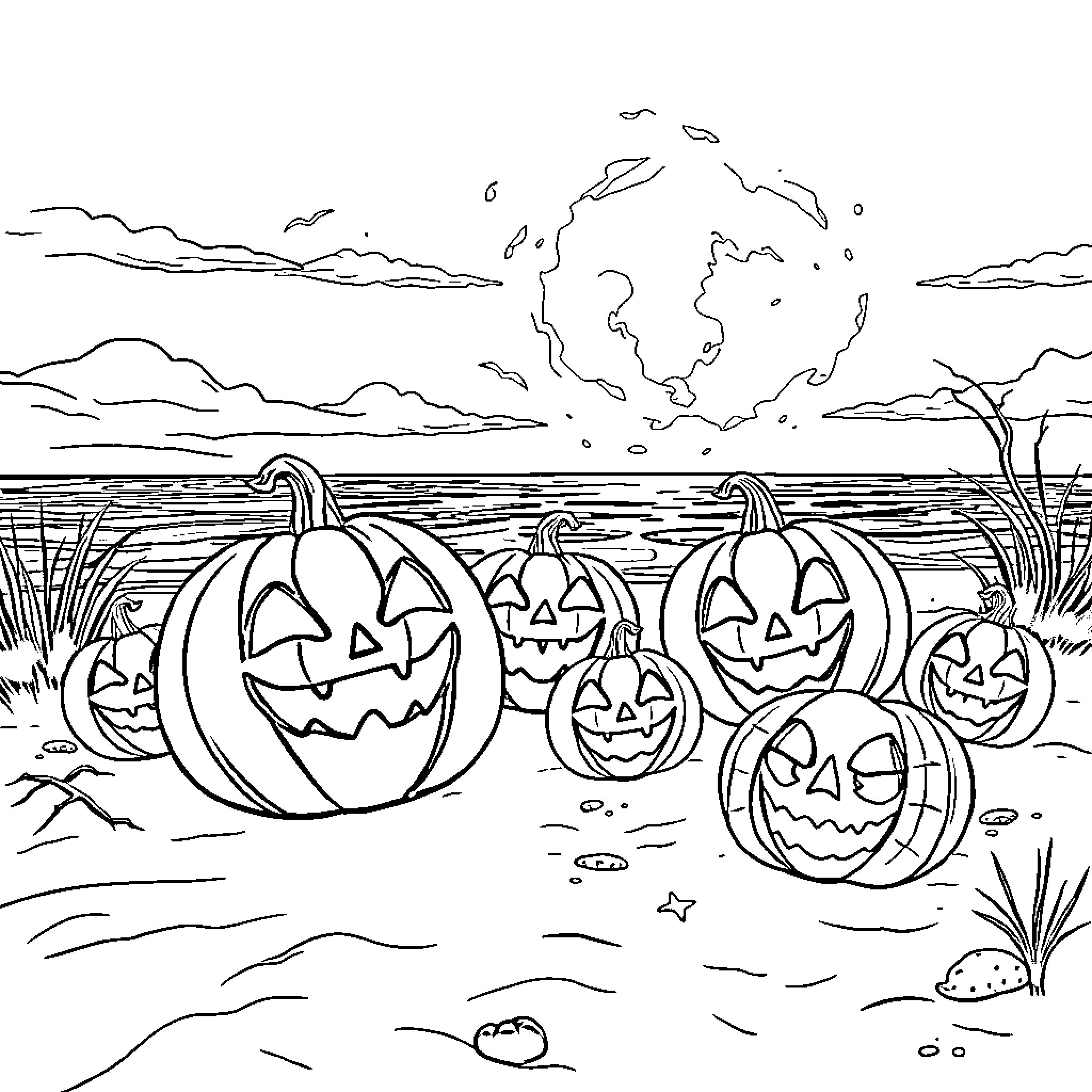 Jack-o'-lanterns dotting the spooky Halloween landscape Coloring Page (free black-and-white line drawing printable PDF for all, from beginners to advanced learners, including children, teens, adults, and seniors)
