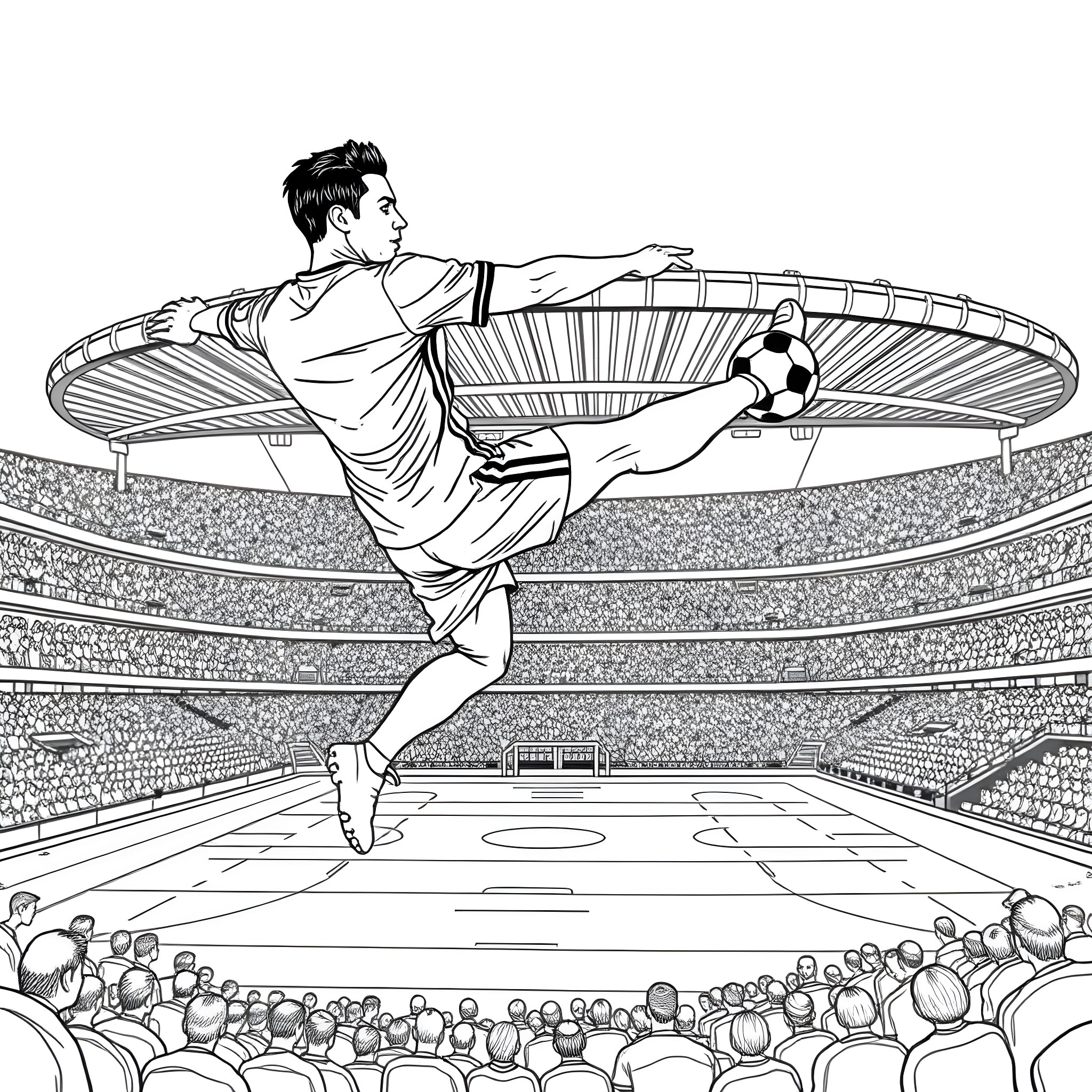 Cristiano Ronaldo performing a bicycle kick in a stadium Coloring Page (free black-and-white line drawing printable PDF for all, from beginners to advanced learners, including children, teens, adults, and seniors)