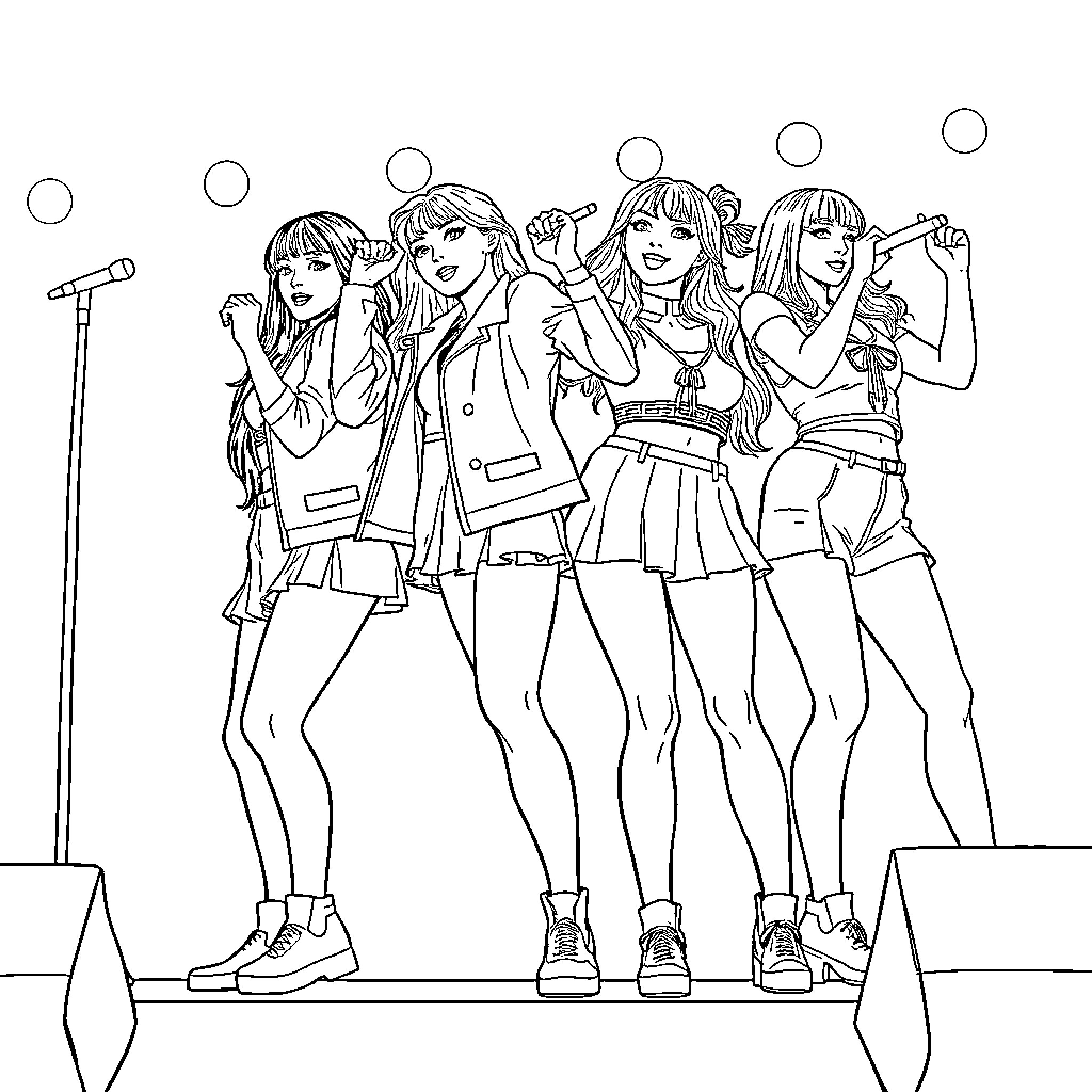 Kpop Warriors Performing on Stage Coloring Page (free black-and-white line drawing printable PDF for all, from beginners to advanced learners, including children, teens, adults, and seniors)
