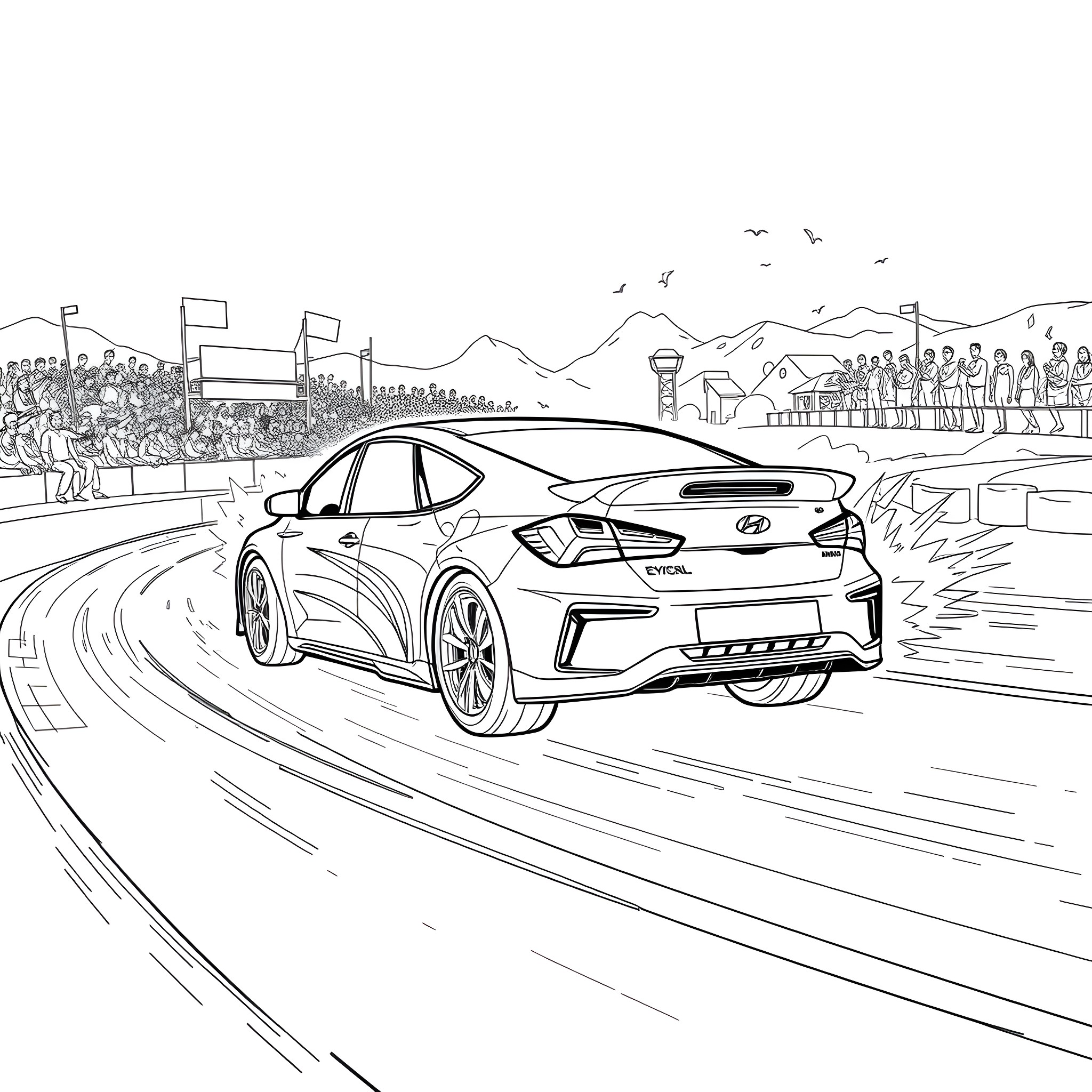 Hyundai race car speeding on the track Coloring Page (free black-and-white line drawing printable PDF for all, from beginners to advanced learners, including children, teens, adults, and seniors)