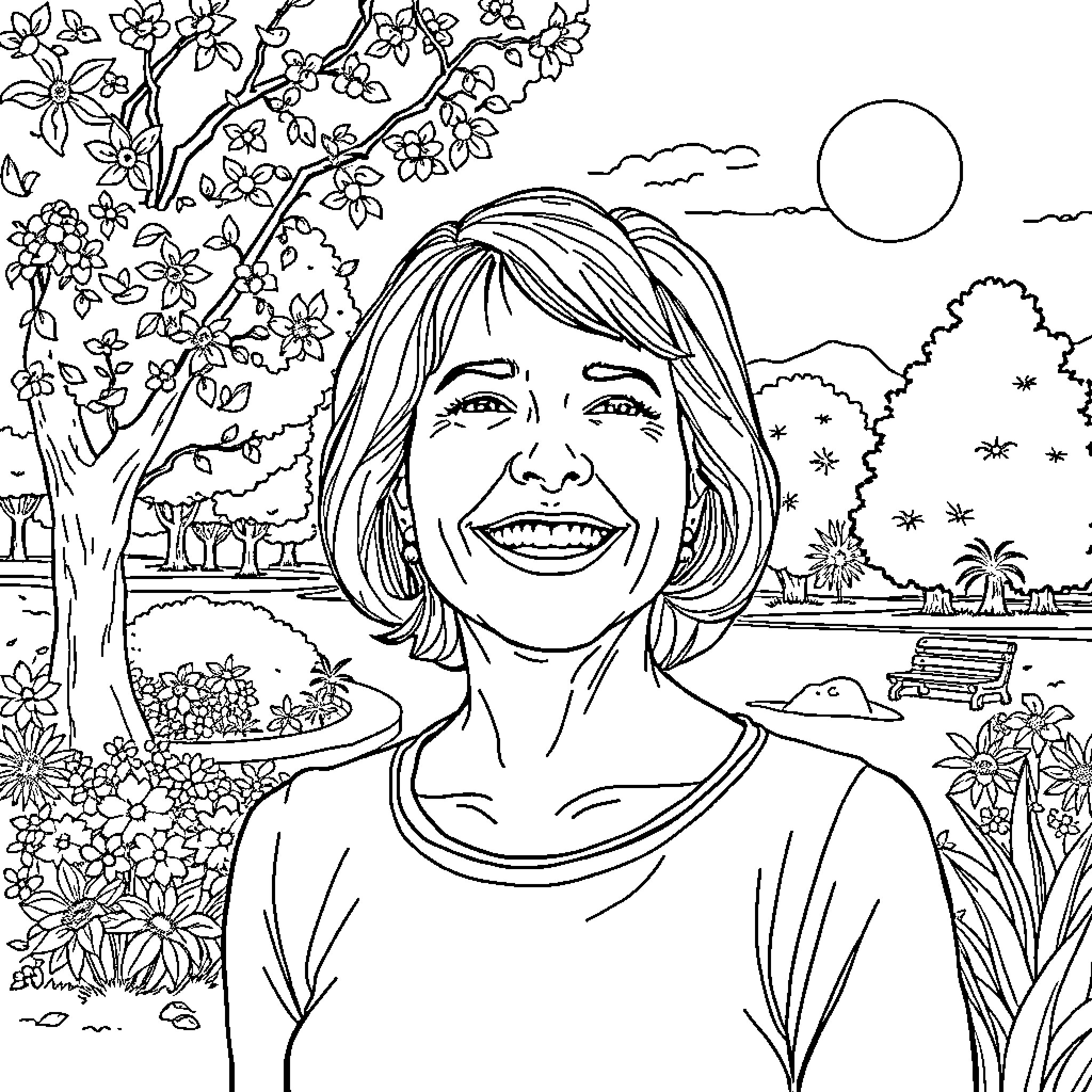 Kathleen's Serene Outdoor Moment Coloring Page (free black-and-white line drawing printable PDF for all, from beginners to advanced learners, including children, teens, adults, and seniors)