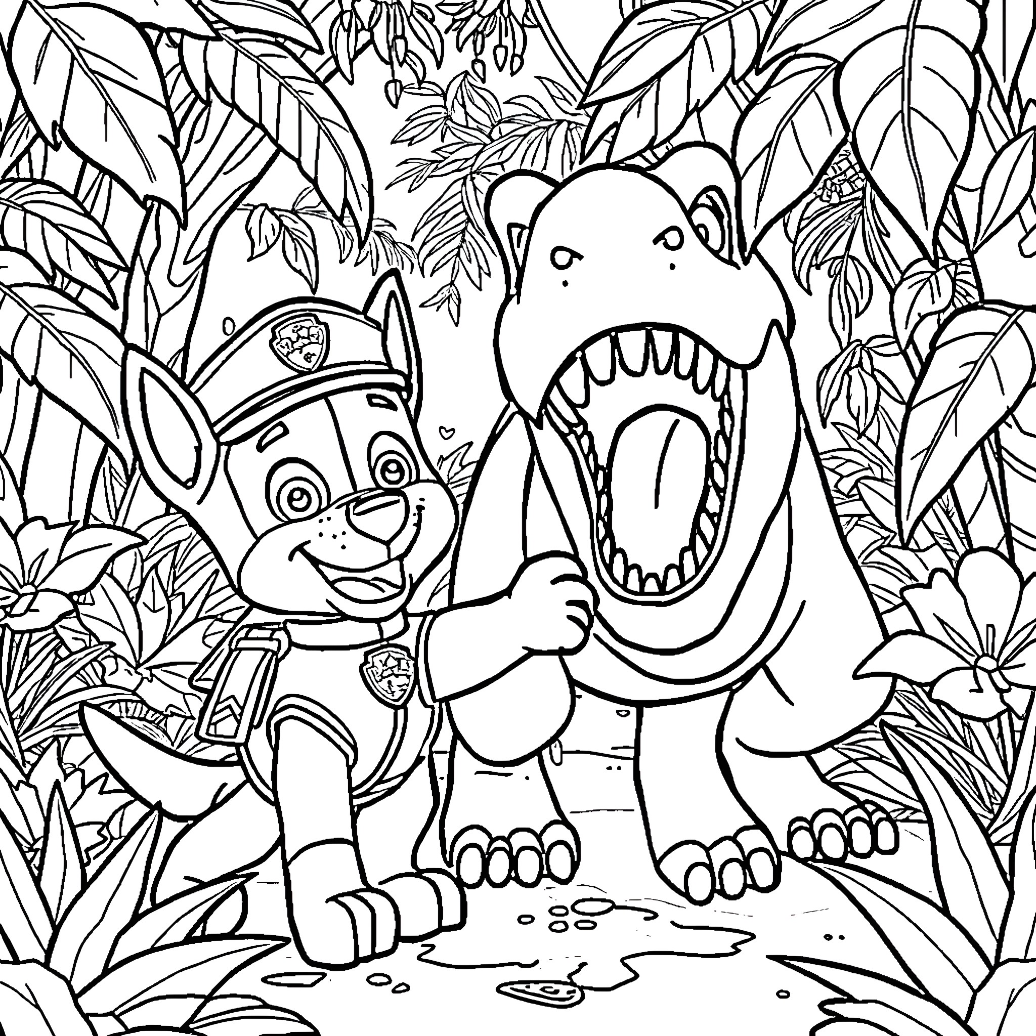 Chase through the Jungle with Playful Canines Coloring Page (free black-and-white line drawing printable PDF for all, from beginners to advanced learners, including children, teens, adults, and seniors)
