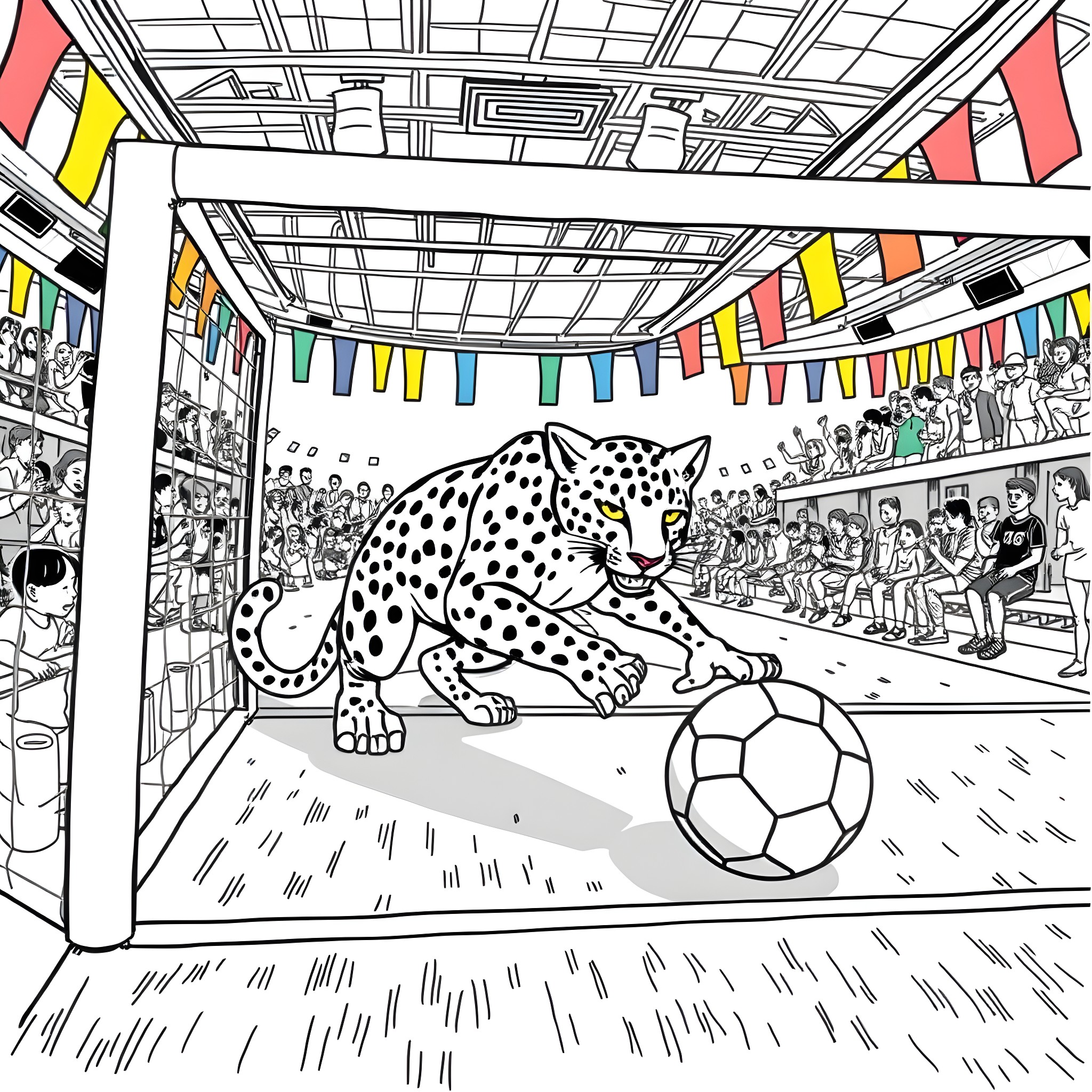 Jaguar playing with soccer ball in festive sports arena Coloring Page (free black-and-white line drawing printable PDF for all, from beginners to advanced learners, including children, teens, adults, and seniors)
