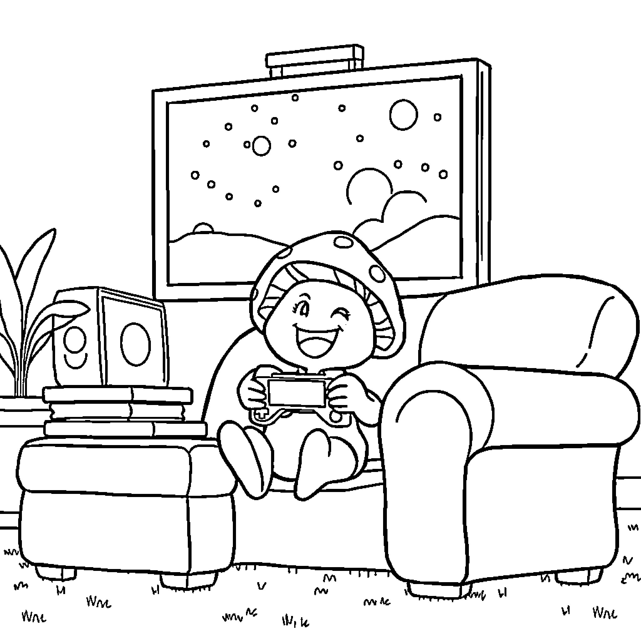 Mushroom character playing video game on couch Coloring Page (free black-and-white line drawing printable PDF for all, from beginners to advanced learners, including children, teens, adults, and seniors)
